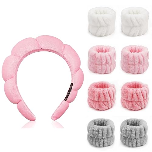 Miniatura 1 de Ayesha Diadema de spa y 8 bandas elásticas para niñas, diadema de esponja para lavar la cara, banda suave de burbujas para el cabello, diademas de