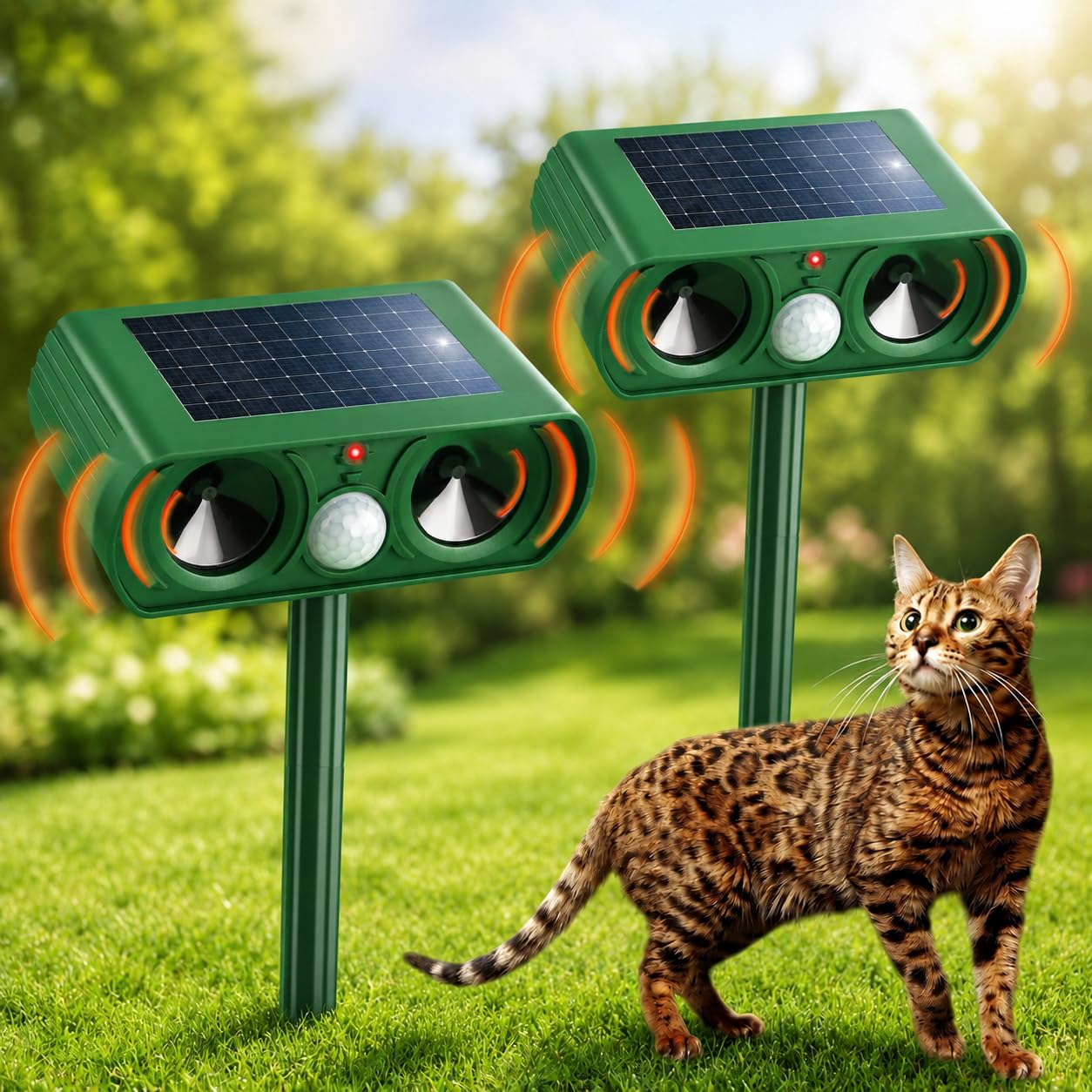Ultrasonic Cat Repellent for Gardens Uk, with AI Variable Frequency, PIR Motion Sensor & Flashing Light, IPX5 Waterproof Animal Scarer for Cats, Foxes, Birds, Yard and Farm Animal Repeller 1pcs