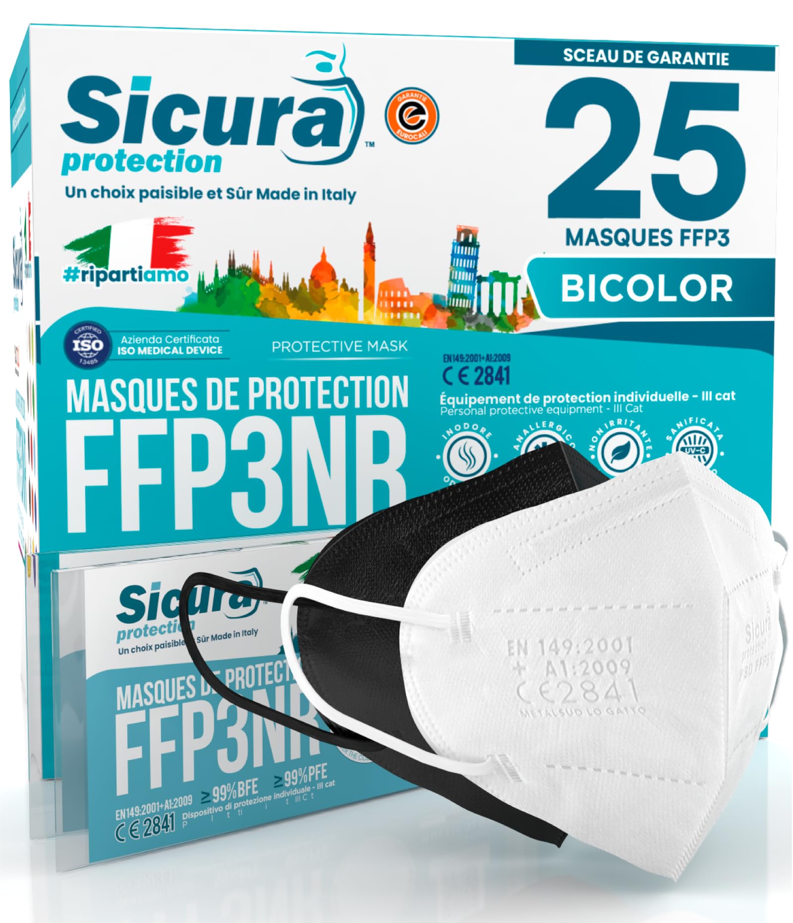 25 Masques FFP3 Certifiés CE Noir Et Blanc Fabriqué En Italie BFE ≥99% | PFE ≥99% Logo Imprimé SICURA Masque FFP3 Italien Aseptisé Et Scellé