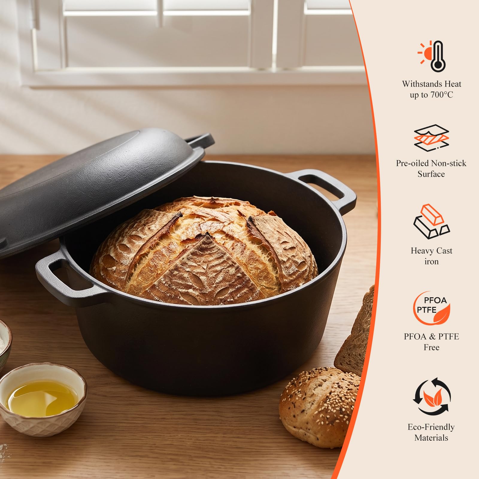 GFTIME Olla de hierro fundido de 26 cm para hornear pan, incluye 2 en 1, sartén con tapa de sartén, olla ideal para pan, pan fermentado, accesorios para hornear pan tostado