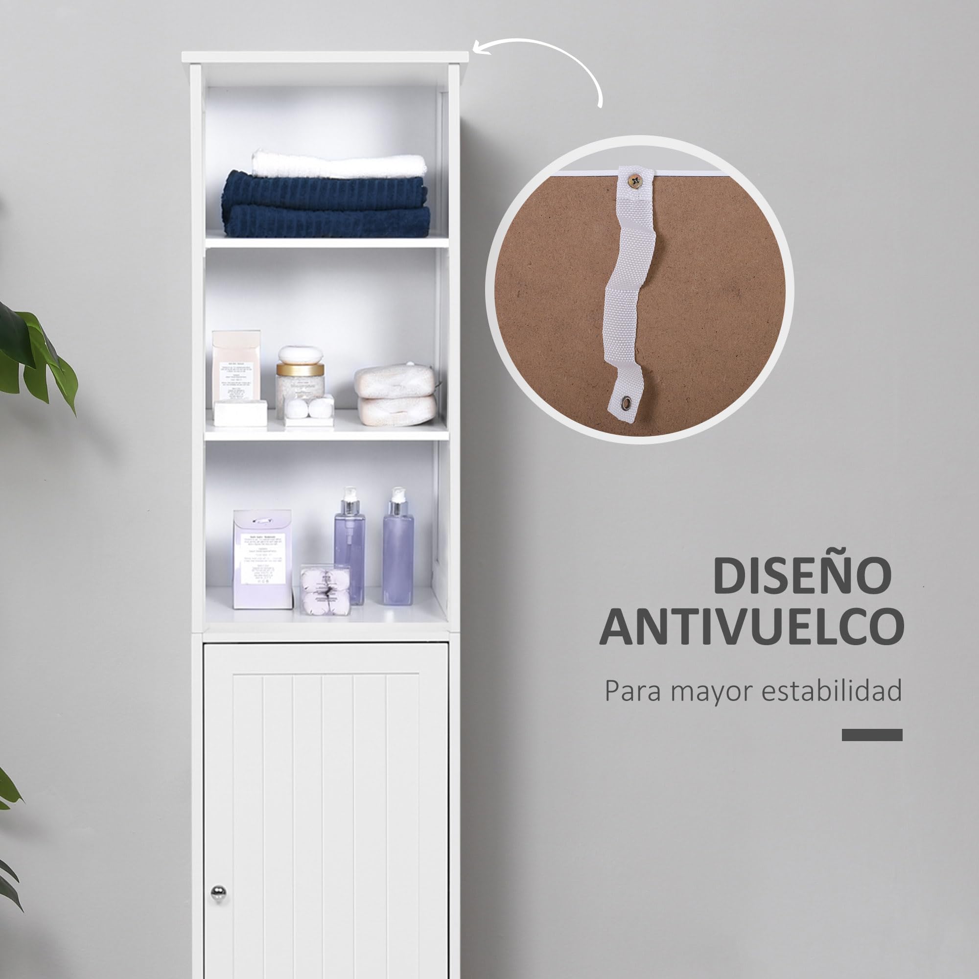 kleankin Armario Alto de Baño 5 Niveles 1 Puerta 40x38x160 cm Blanco | Columna Auxiliar de Baño, con 3 Estantes, Balda Interior Ajustable