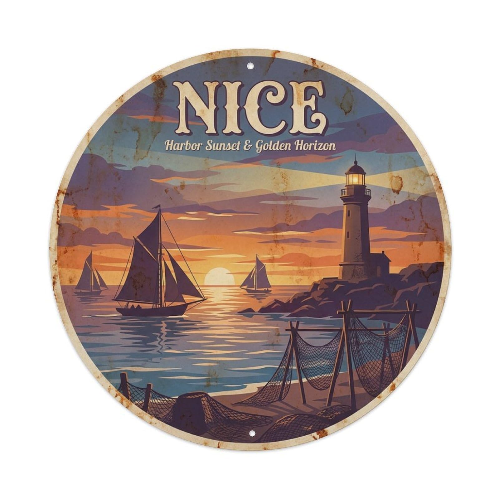 Olhnbad Style Coastal Route Harbor Sunset Golden Horizon Nice Travel Metal Tin Sign