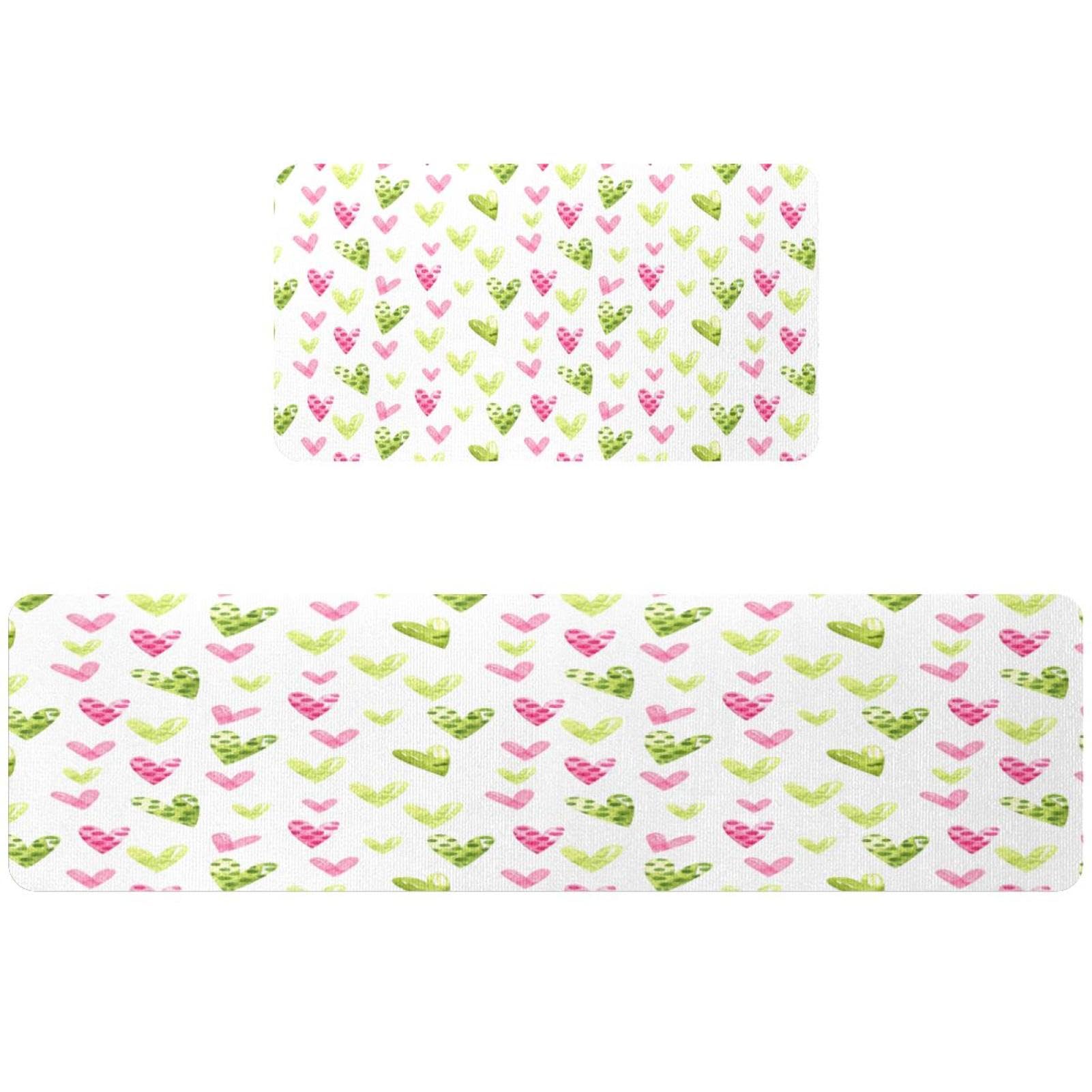 Tapis de cuisine antidérapants lot de 2 lavables motif cœurs verts et roses pour couloir