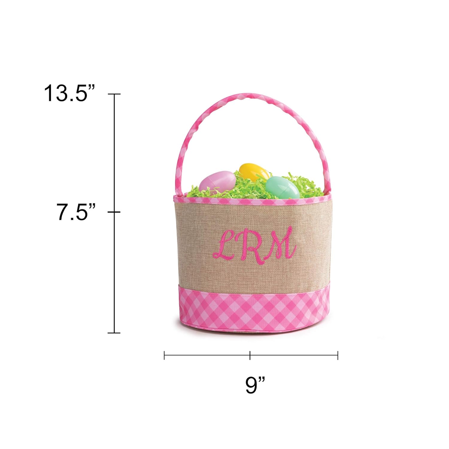 Personalized Easter Bucket Bag with Custom Name | Plaid Burlap Easter Bag with Handle | Egg Basket for Kids | Customized Easter Basket | Great for Book and Toy Storage (Pink Monogram)