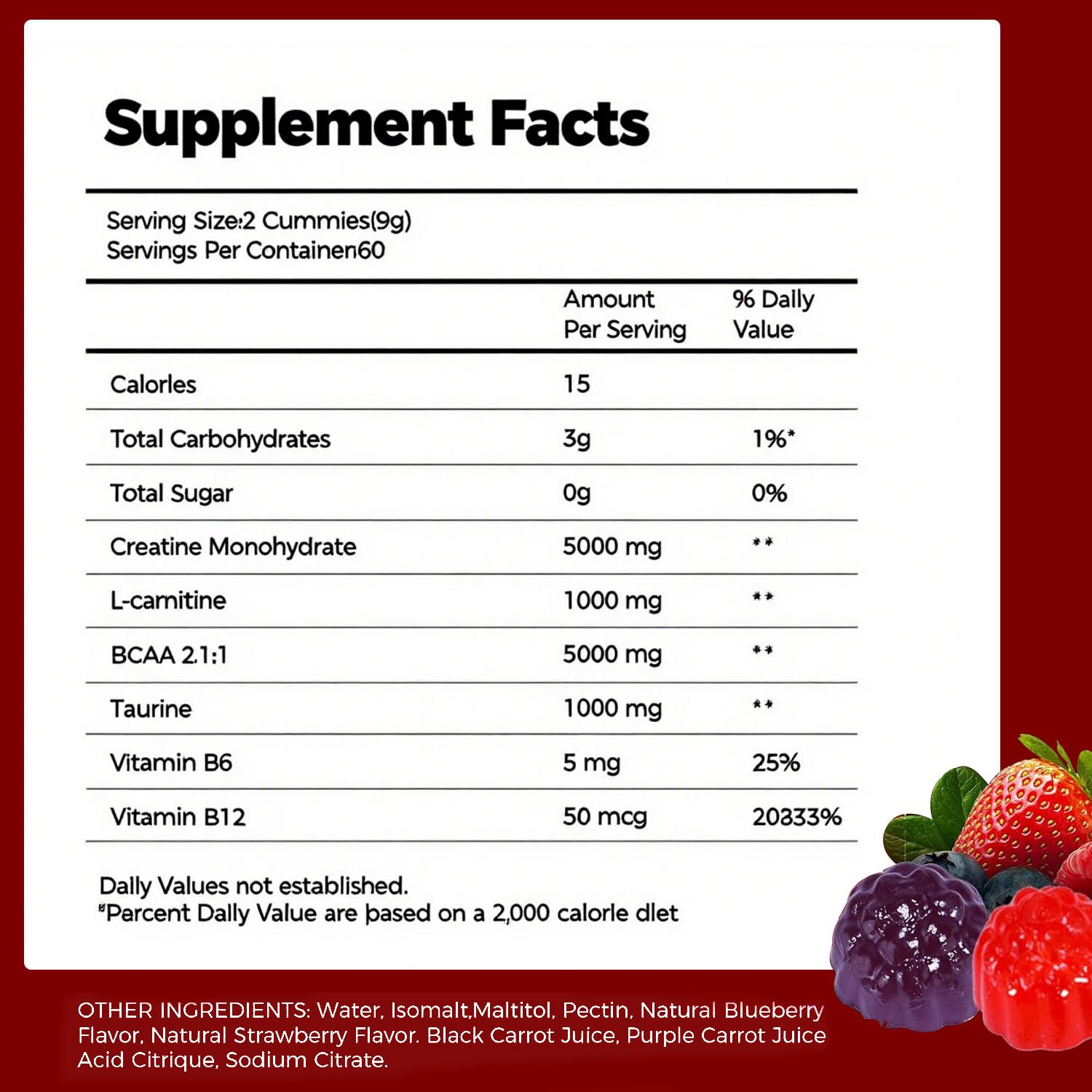 Gomitas de Creatina Monohidrato, 8000mg por Porción, Sin Azúcar, 120 Unidades, con BCAA, L-Carnitina, Taurina, B6, B12, Sabor Frambuesa y Arándanos