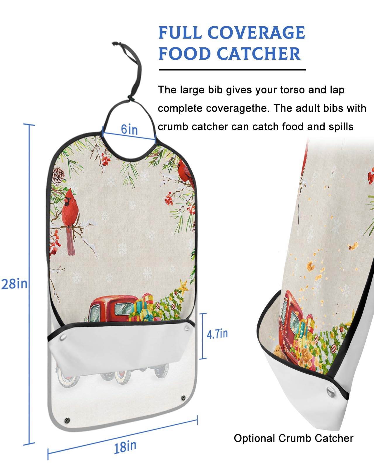 Christmas Red Truck Adult Bibs for Eating, Waterproof Bibs with Food Catcher & Adjustable Snap Closure, Xmas Tree Bird Berries Snowflake Washable Clothing Protectors Adult Bibs for Elderly Women/Men