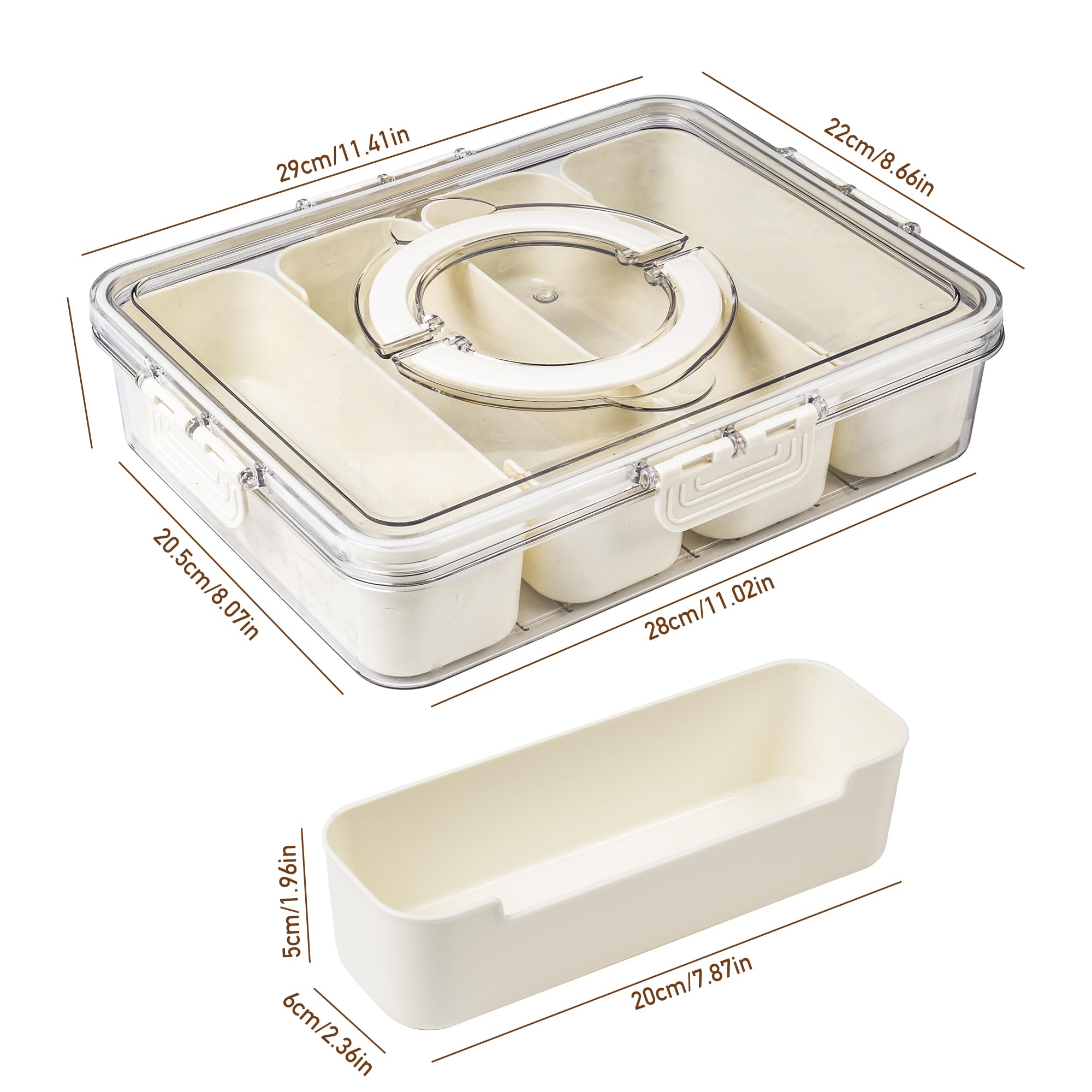 Bandesun Vassoio da portata diviso con coperchio e manico, contenitore per snack e salumi, contenitore portatile per snack, organizer trasparente per caramelle, frutta, noci, snack, 4 griglie