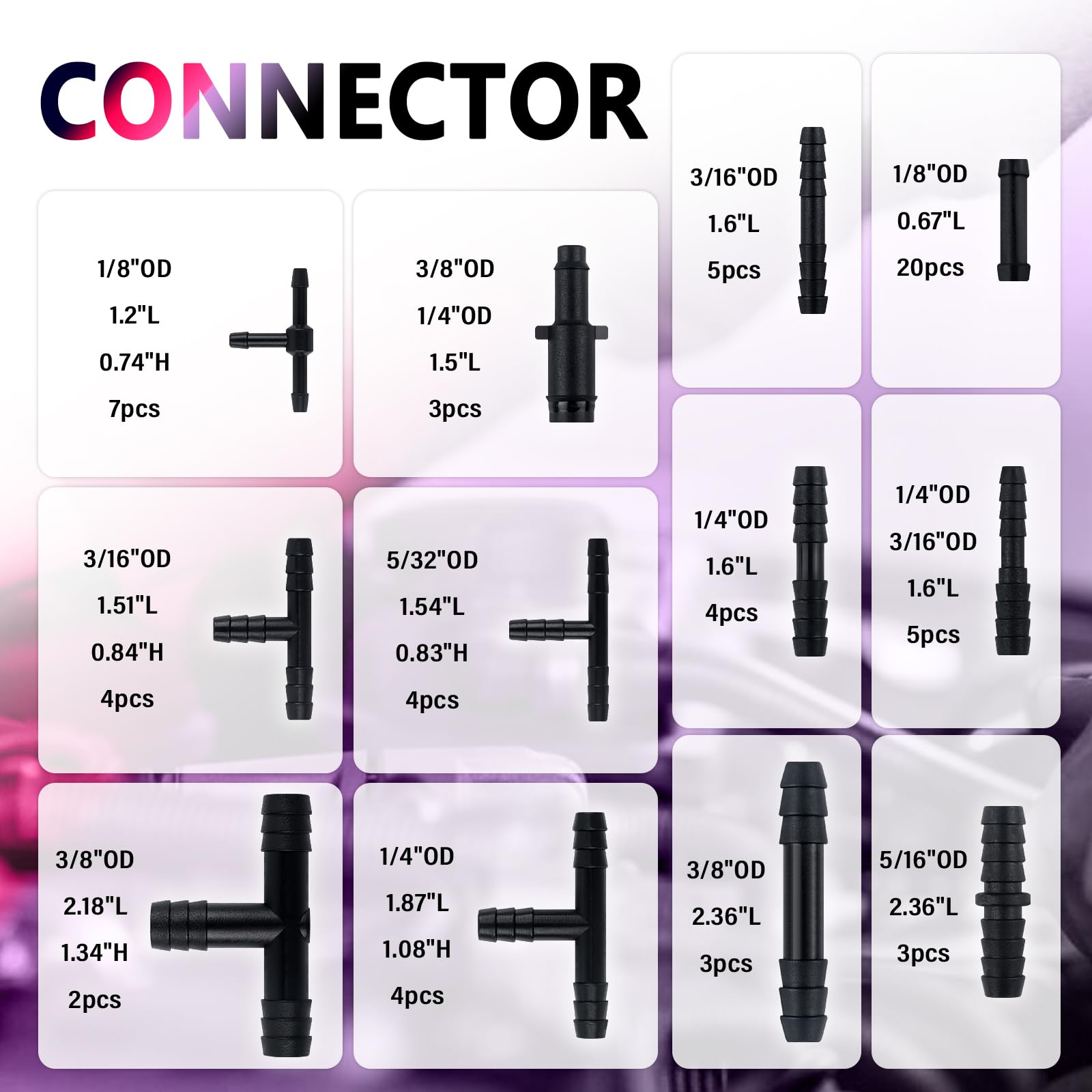 6 líneas de vacío de 5 pies para automóviles con 64 conectores, kit de manguera de vacío de silicona de varios tamaños que incluye ID 1/20.3 cm 5/81.3 cm 3/40.6 cm 1/10.2 cm 5/40.6 cm 3/20.3 cm, kit