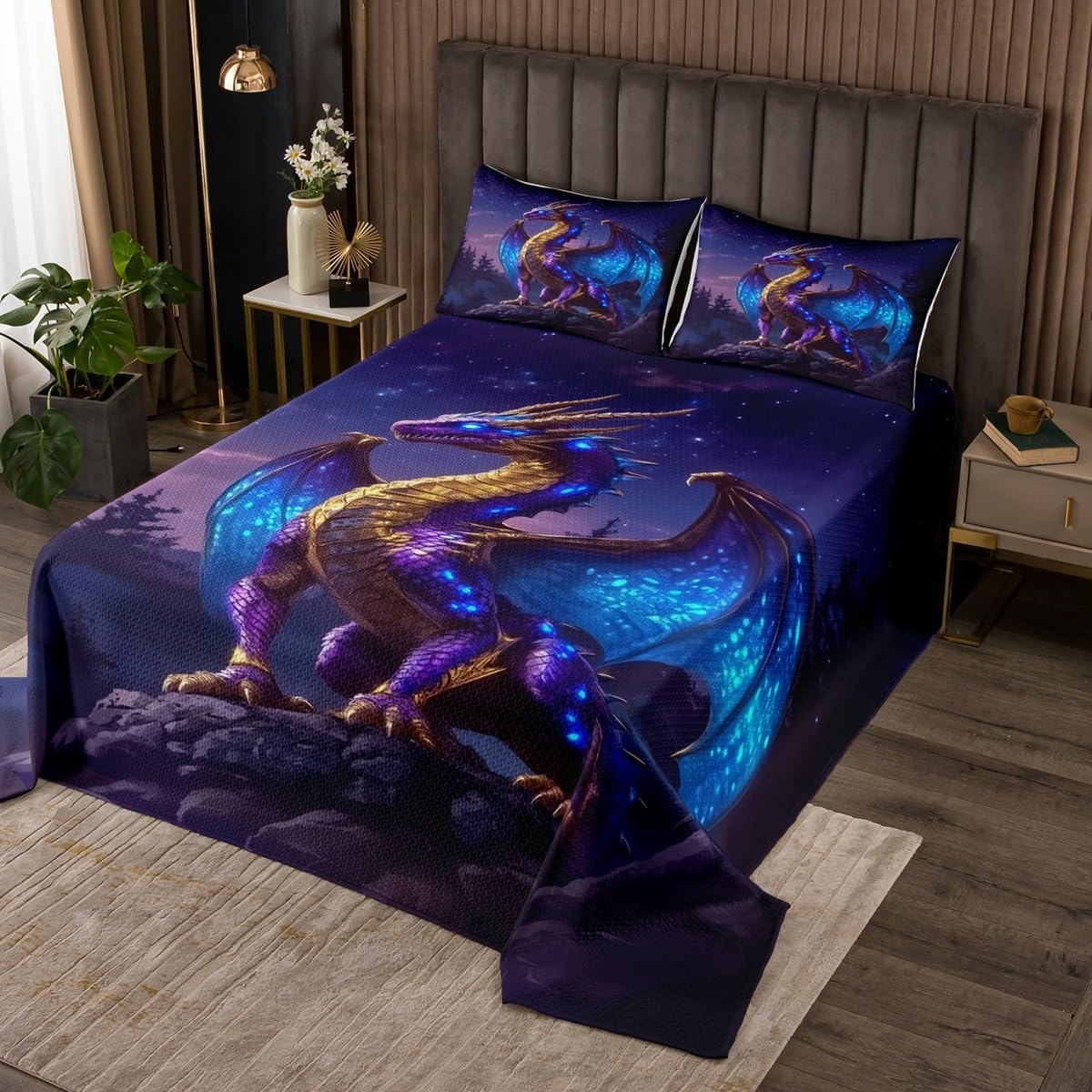 Erosebridal Magic Dragon Bedspread Queen for Kids Adults Teens Purple Fire Coverlet Set Western Wild Animals Quilted Coverlet Fantasy Exotic Wildlife Mysterious Dragon Soft Luxury Quilted