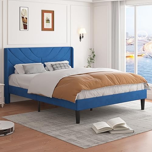 Miniatura 83 de VECELO Base de cama tamaño matrimonial tapizada con cabecera de tela, soporte de listones de madera, no necesita somier, base de colchón, color