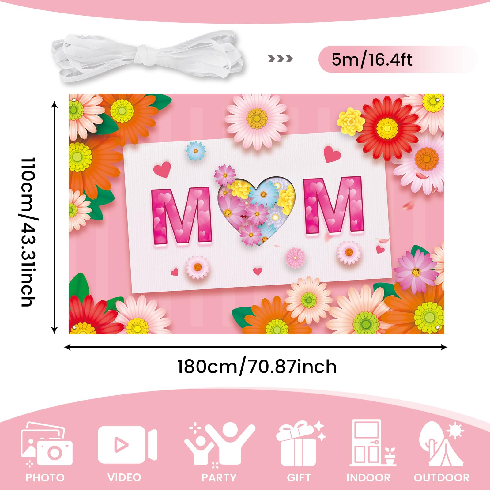 PartyYaa Mothers Day Decoration, Mother's Day Backdrop Banner, I Love You MOM Background - Image 2