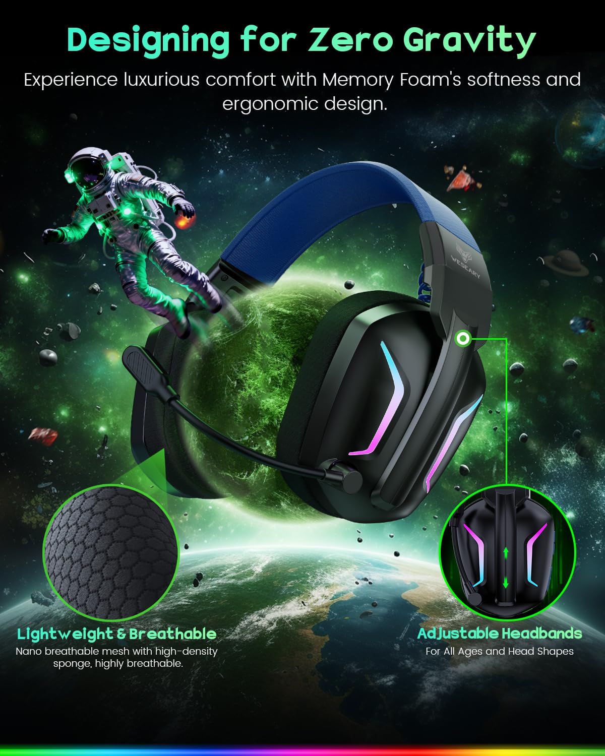 WESEARY Auriculares inalámbricos para Juegos con micrófono para PS5, PS4, PC, Switch, teléfono móvil, Mac, portátil, 2,4 GHz y Auriculares Bluetooth con micrófono con cancelación de Ruido, batería de