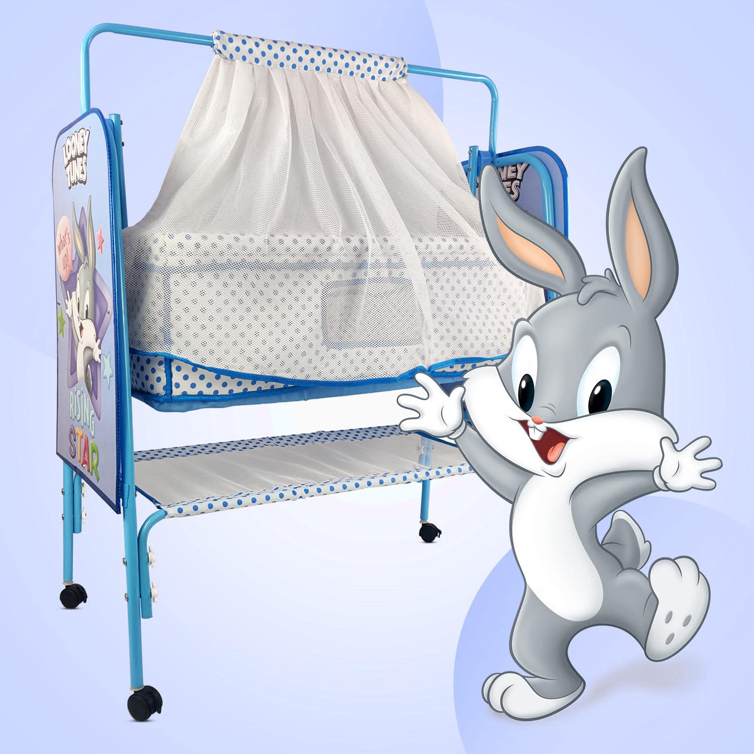 Looney Tunes Baby Cradle, Cradles for 0 to 2 Years, Baby Jhula, Baby Swing, Baby Crib, Palna, Cradle for Baby, Baby Cradle with Mattress, Mosquito Protection Net, All-Wheel Lock (Blue)