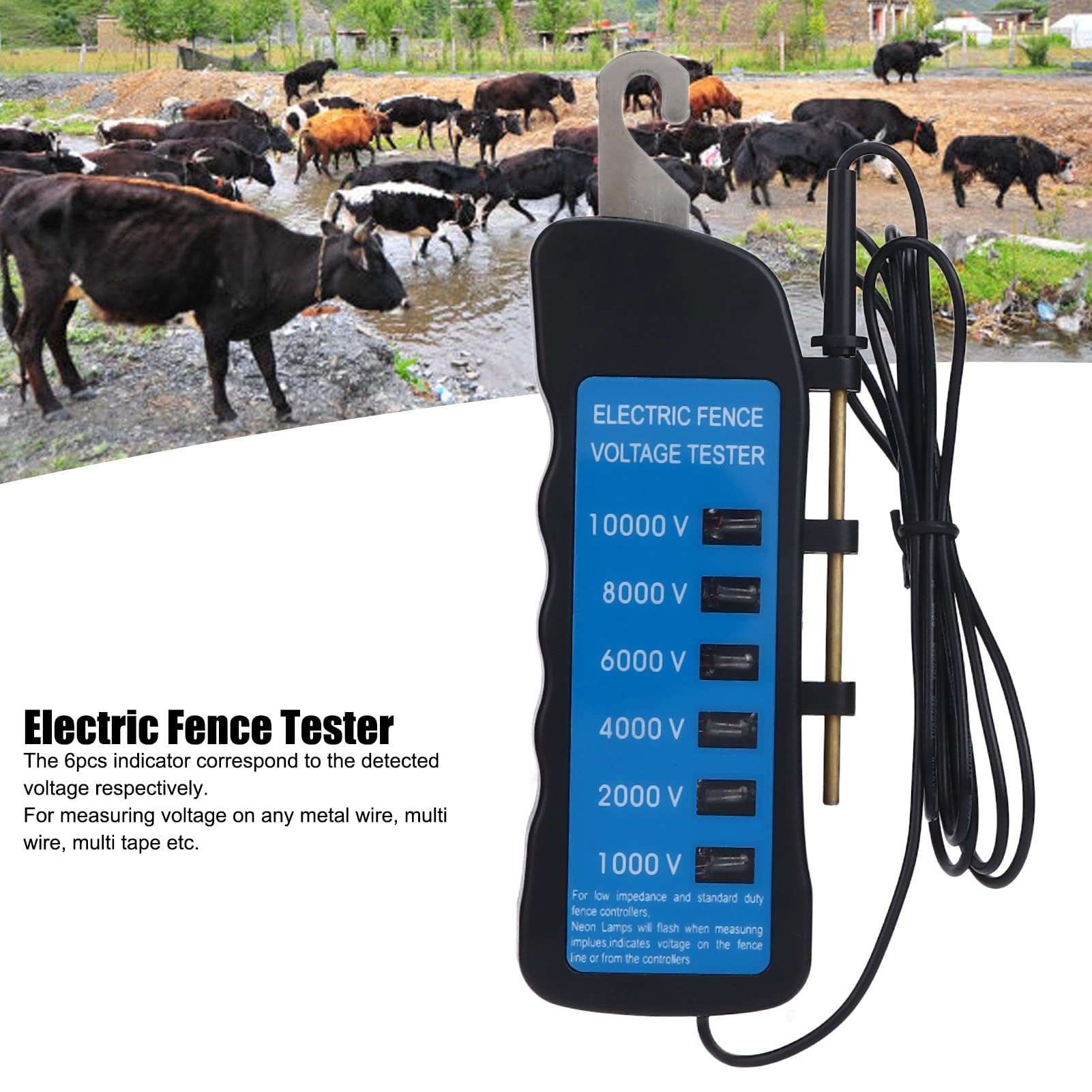 Vibrivo10000V - Comprobador de valla de pastoreo y medidor de corriente, resistente al agua con 6 ledes para valla de pastos, solar, compatible con granjas, mascotas y ganado (16,7 x 6 x 2 cm)