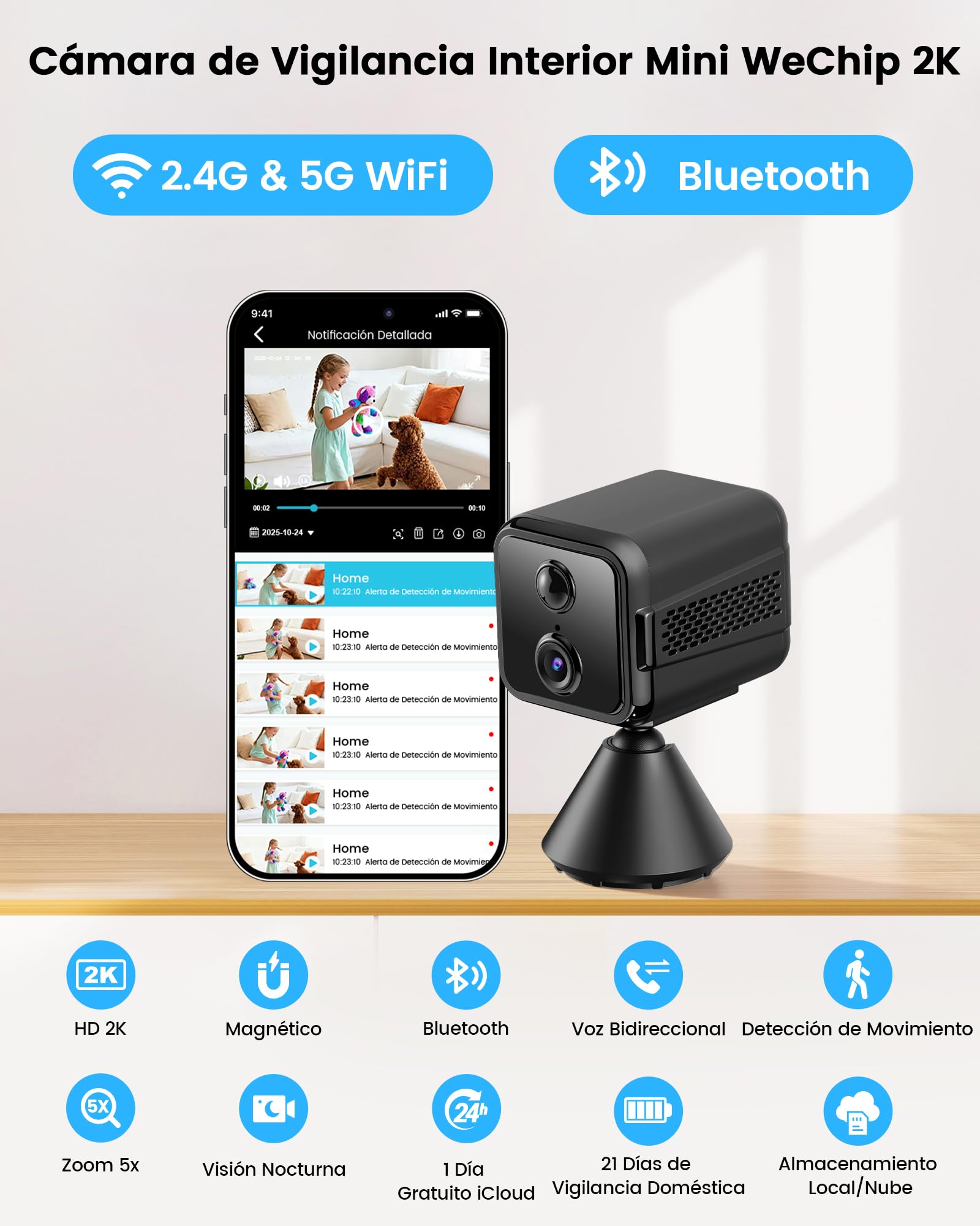 WeChip 2K HD Mini Cámara Vigilancia WiFi Interior Cámara con Vision Nocturna, Detección de Movimiento, App Móvil, Audio de 2 Vías, 21 Días de Batería