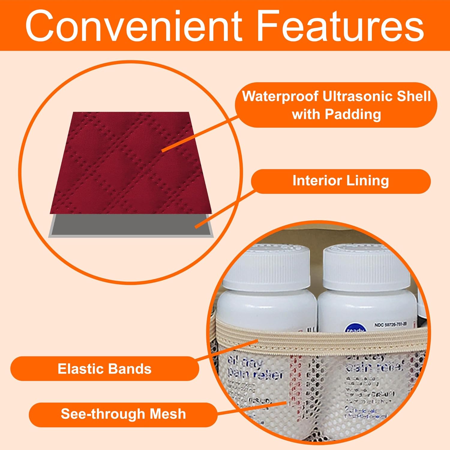 Medium Pill Bottle Organizer, Medicine Bag, Case, Carrier for Medications, Vitamins, and Medical Supplies - Travel Medicine Organizer Home Storage Med Bag - Ultrasonic Red Wine (No Lock) - Image 4