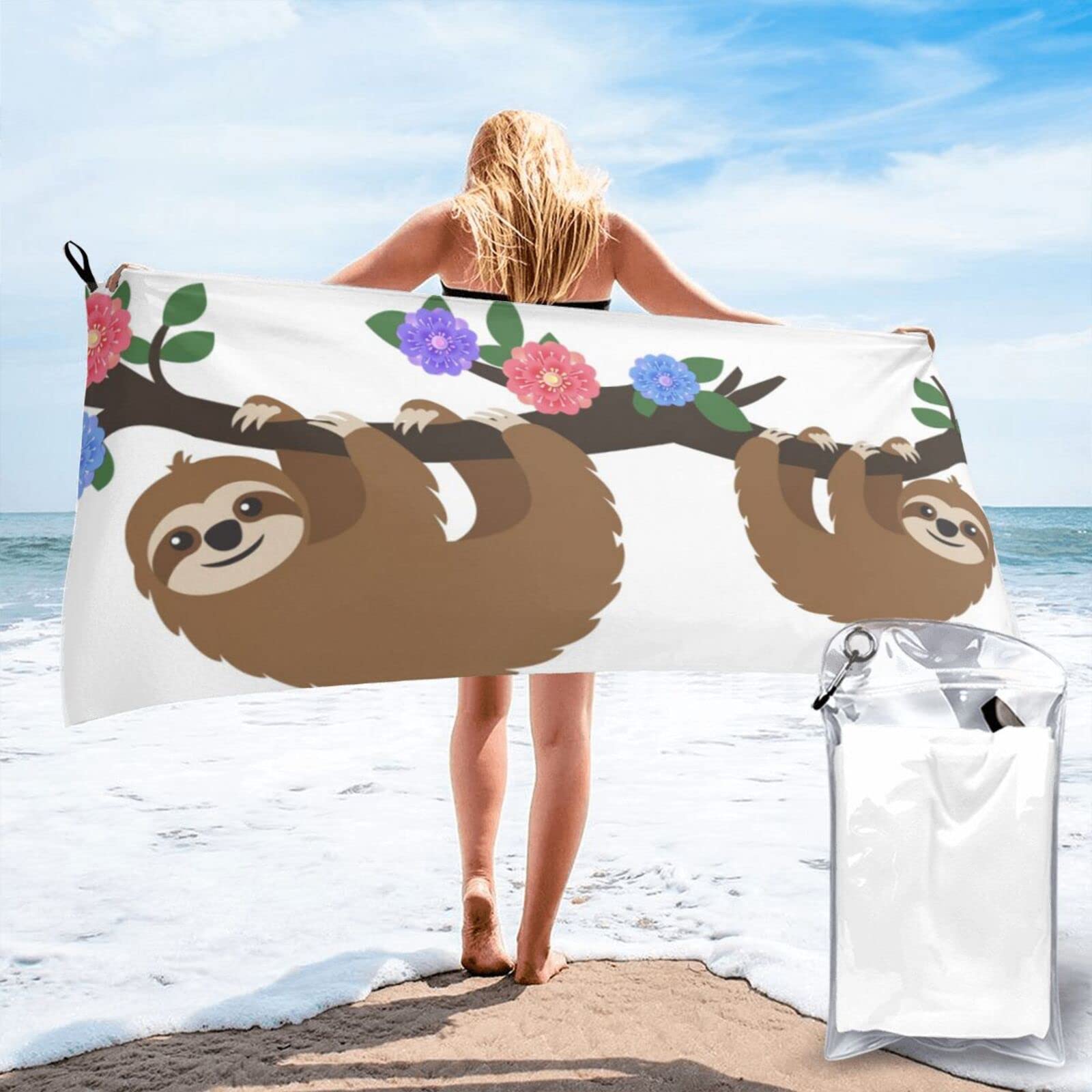 Lawenp Flowers and Sloth Microfiber Beach Towel Adults Large Quick Drying Bath Towel Travel Towels with Pouch 31.5"x63"