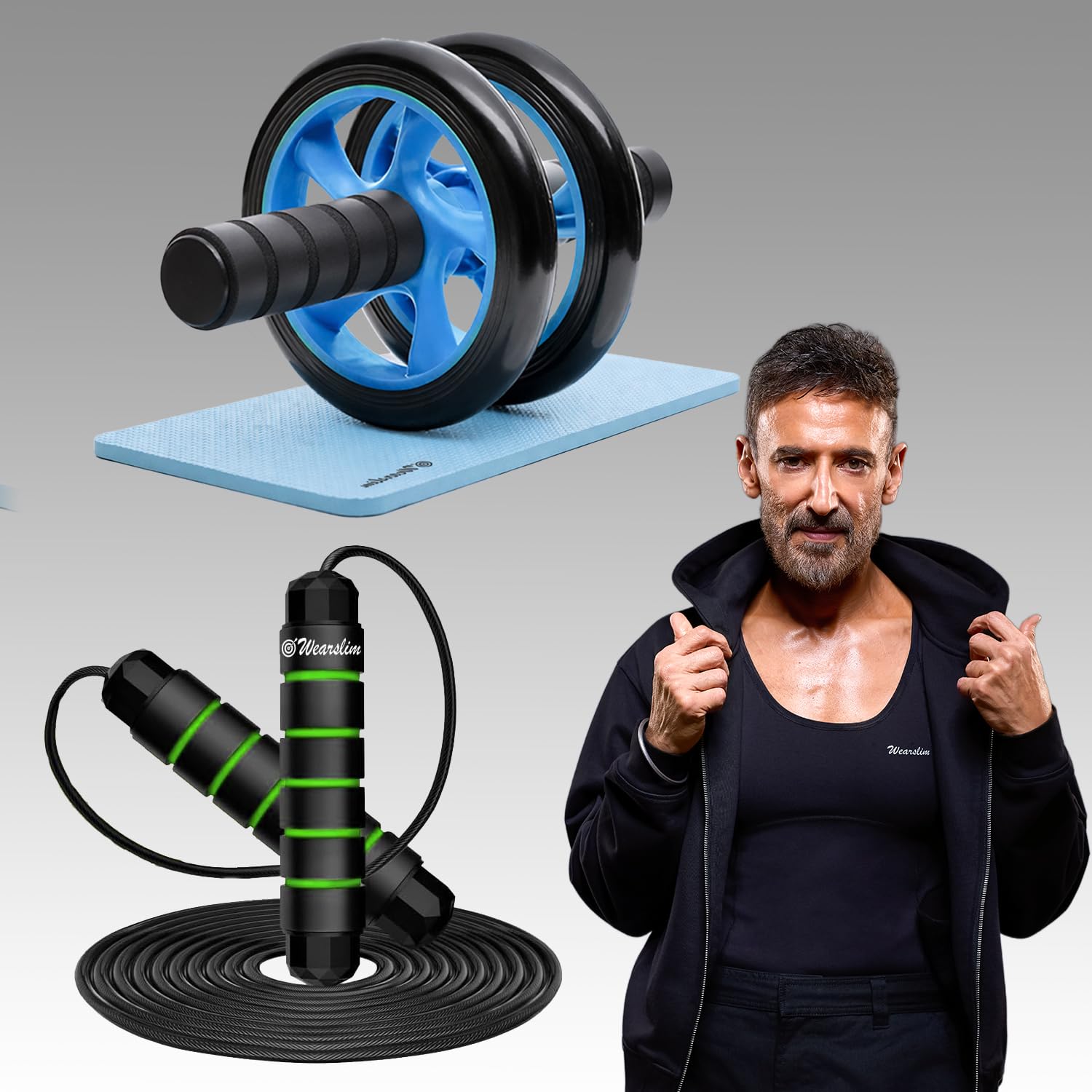 Wearslim Professional AB Roller With Skipping Rope Combo,Abs Roller For Exercise Fitness Gym Includes Extra Thick Knee Pad, Rapid Speed Skipping Rope Ball Bearings,Multi-Coloured