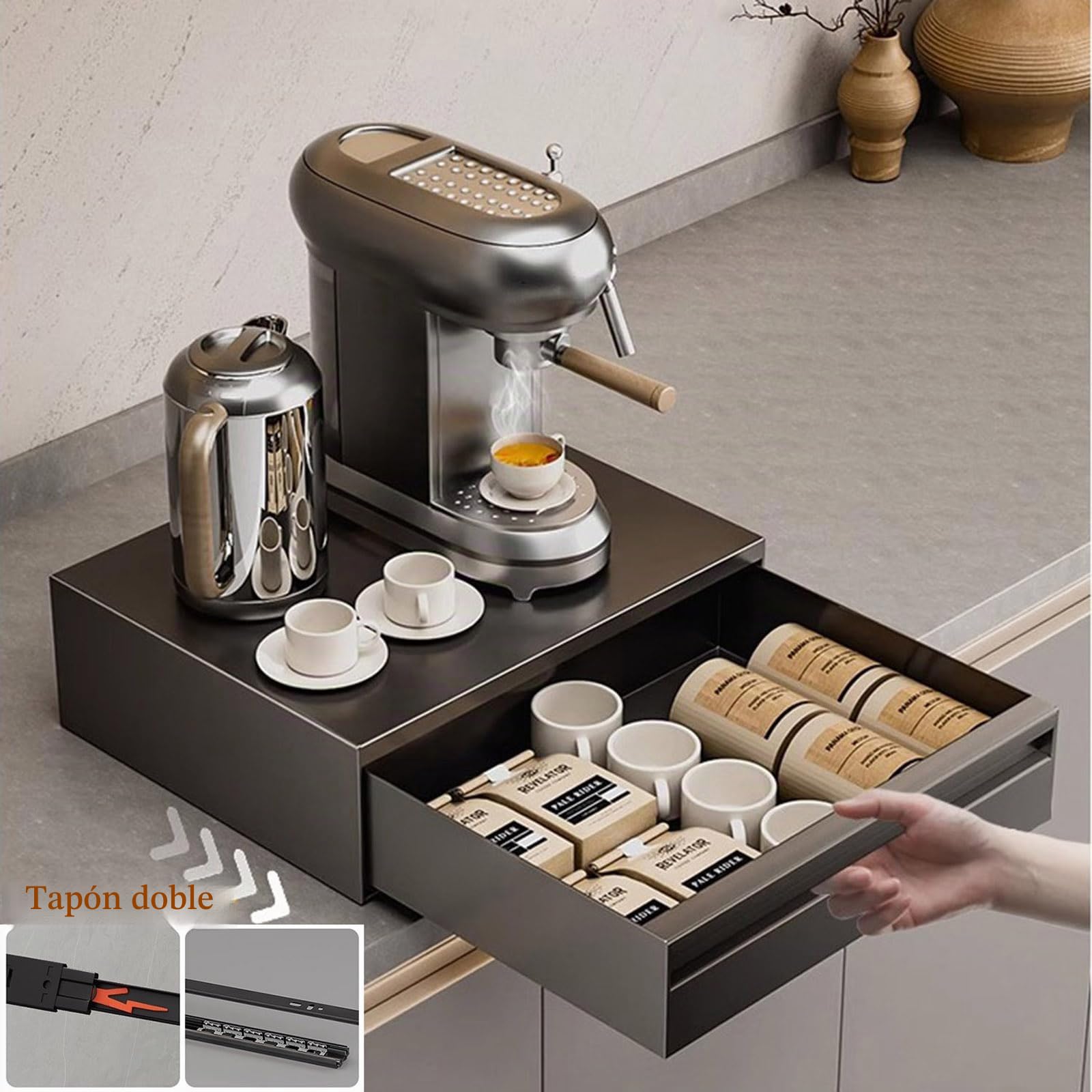 Soporte de acero al carbono para microondas con cajones extraíbles, organizador de encimera para microondas compactos, estación de café y almacenamiento de electrodomésticos de cocina, color gris (35