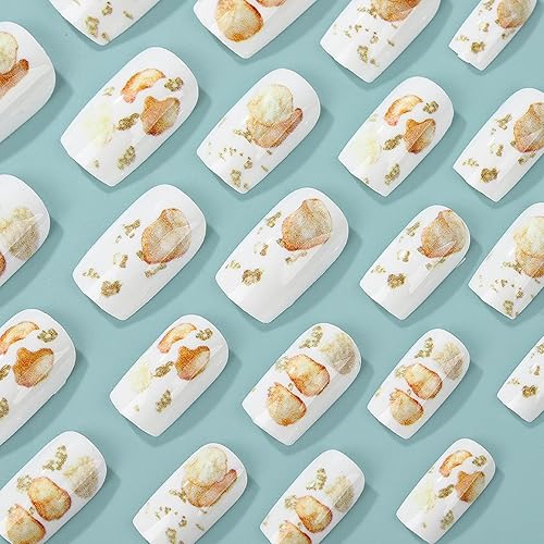 Miniatura 103 de 24 uñas postizas cuadradas medianas con punta francesa a presión, pegamento brillante en las uñas, uñas postizas de cobertura completa con diamantes