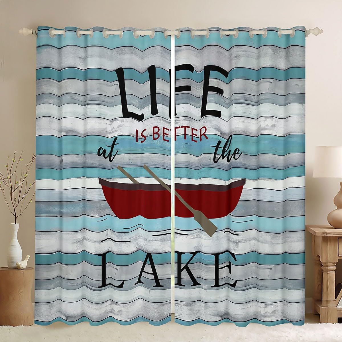 Lake House Blackout Curtains, Lake Paddle Boat Curtains For Bedroom Living Room, Rustic Farmhouse Insulated Thermal Curtains, Retro Wooden Board