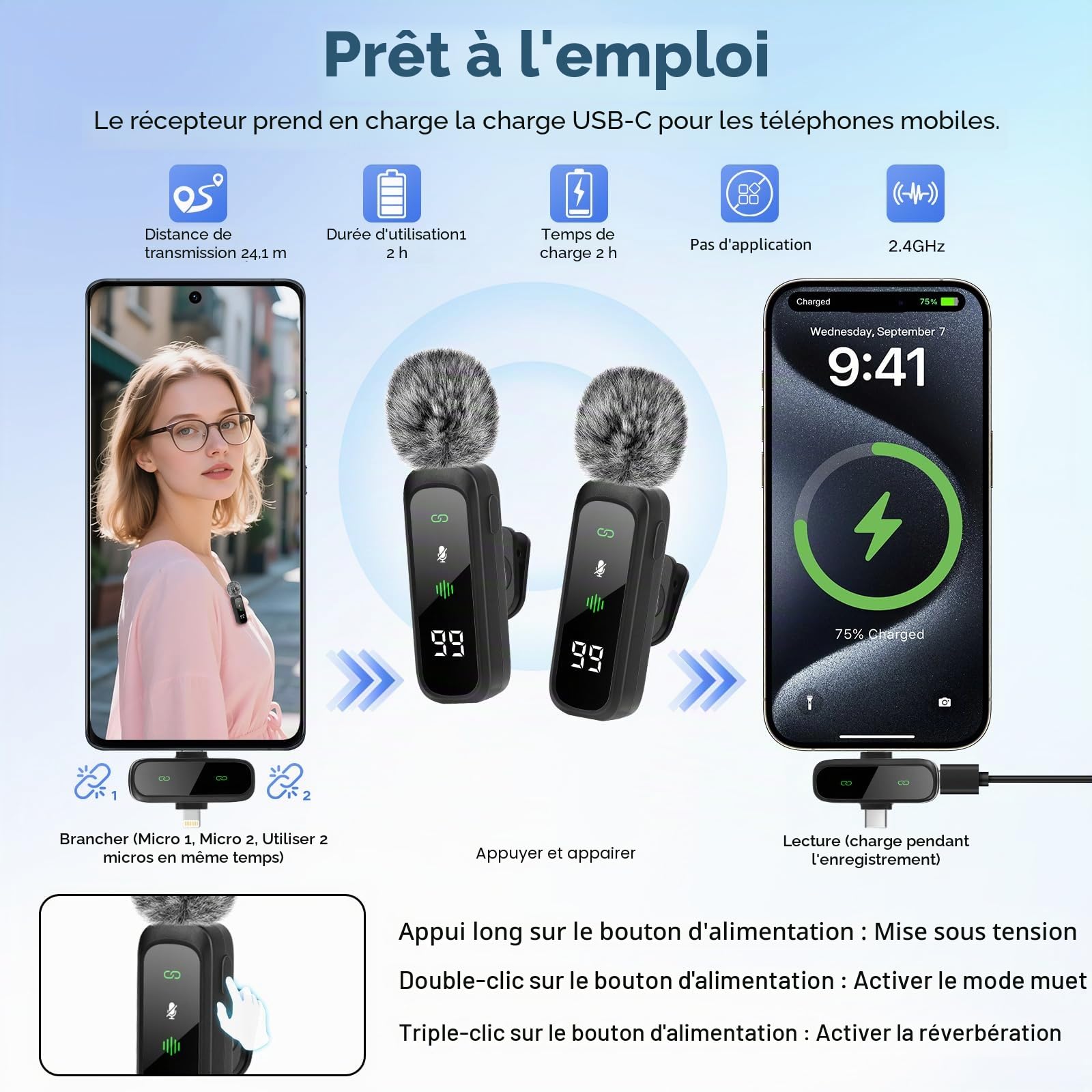 Kit de démarrage pour créateur de contenu, kit de vlogging pour iPhone/Android, trépied pour smartphone de 180 cm avec 2 lampes de remplissage et microphone sans fil, kit de démarrage pour selfie