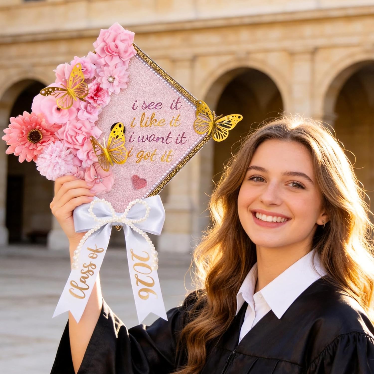 45 Pcs DIY Graduation Cap Decorations Kit Faux Flower Heads Bow 3D Butterfly Adhesive Rhinestones Glitter Alphabet Letter Number Sticker for Grad Cap Topper Graduation Party DIY Crafts(Pink)
