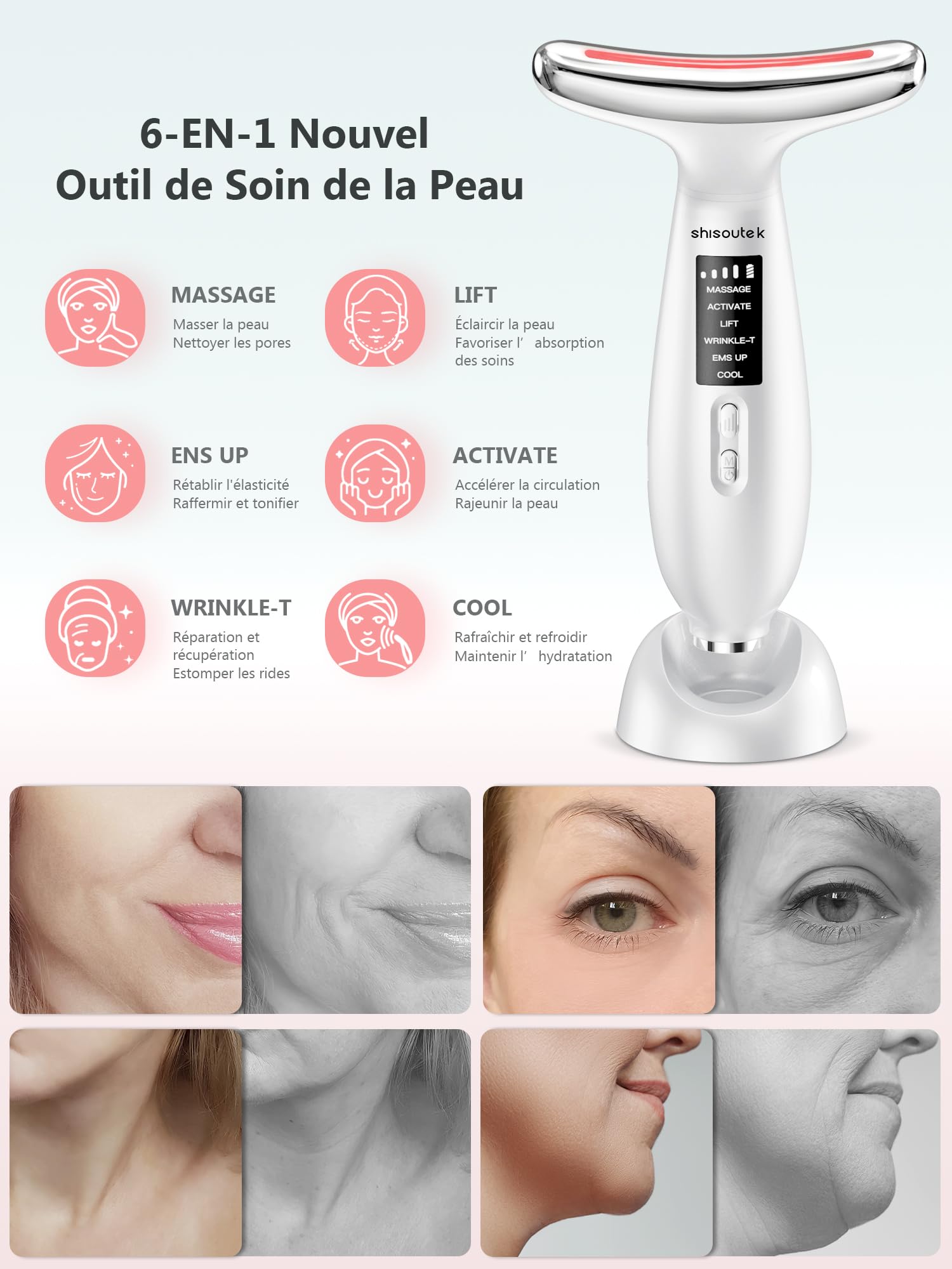 Appareil Anti Rides Visage Massage: Masseur Double Menton Lifting à 5°C Froid et 45°C Chaleur - Appareil de Beauté Electrique à 6 Modes LED 4 Couleurs - Visage Cou EMS Anti-Âge Raffermissement Massage
