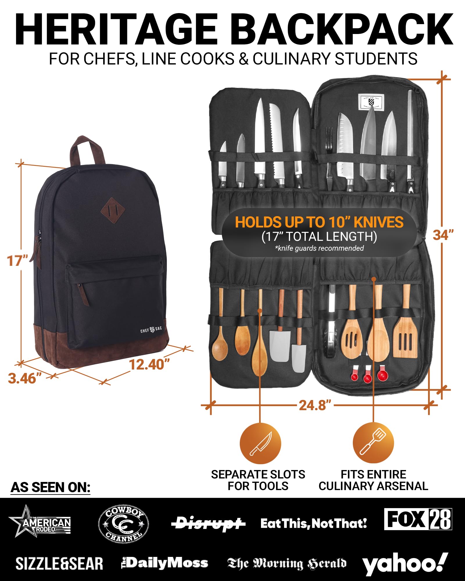 Chef Knife Backpack Professional Knife Bag for Chefs and Culinary Students Heritage Design Reinforced Handles YKK Zippers Secure Knife Retention Panels Durable Water-Resistant Fabric Black product thumbnail 3