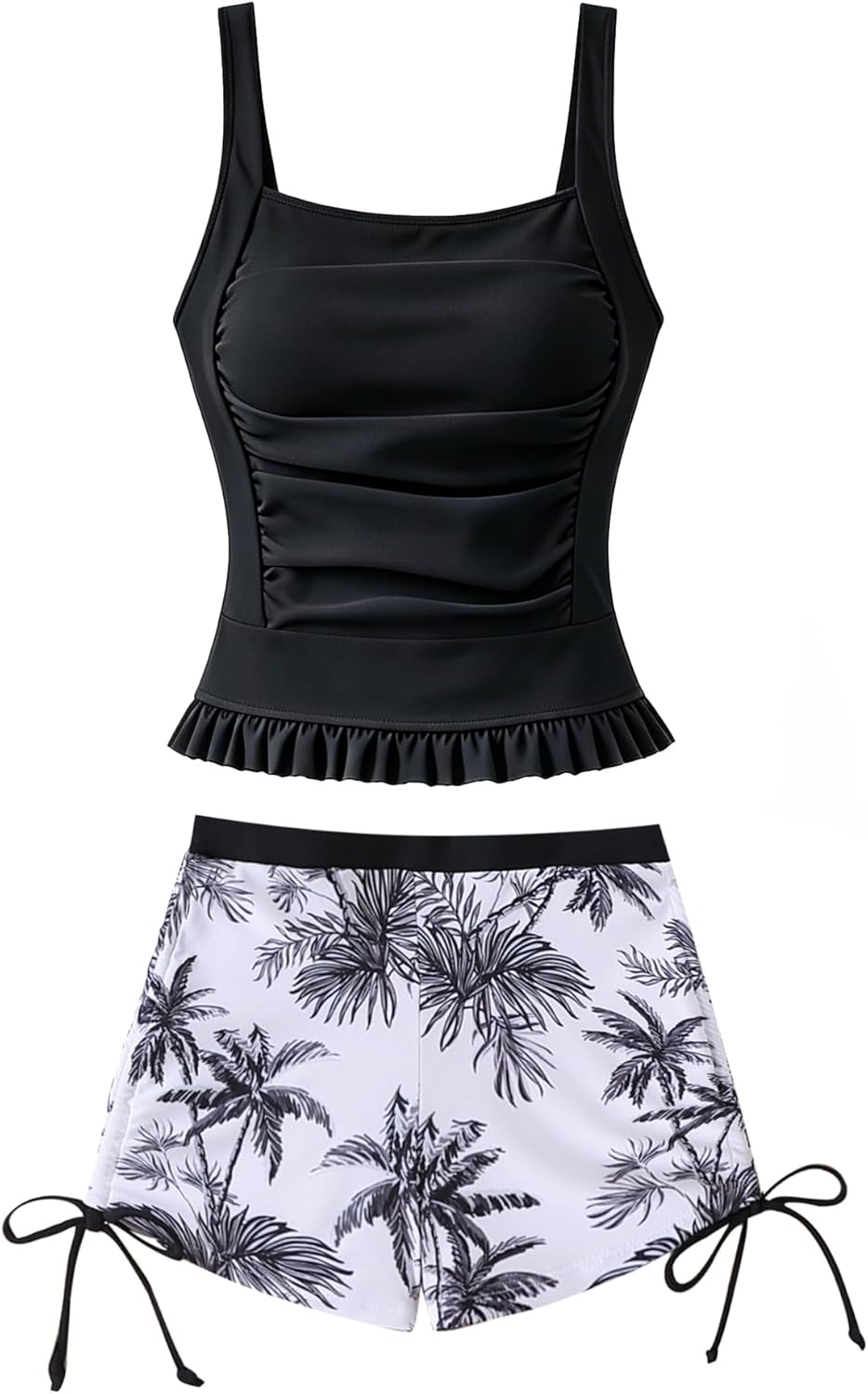 Girls Swimsuit 2 Piece Ruched Ruffle Tankini Swimsuits for Girls Bathing Suit with Drawstring Shorts Swimwear 7-16Y