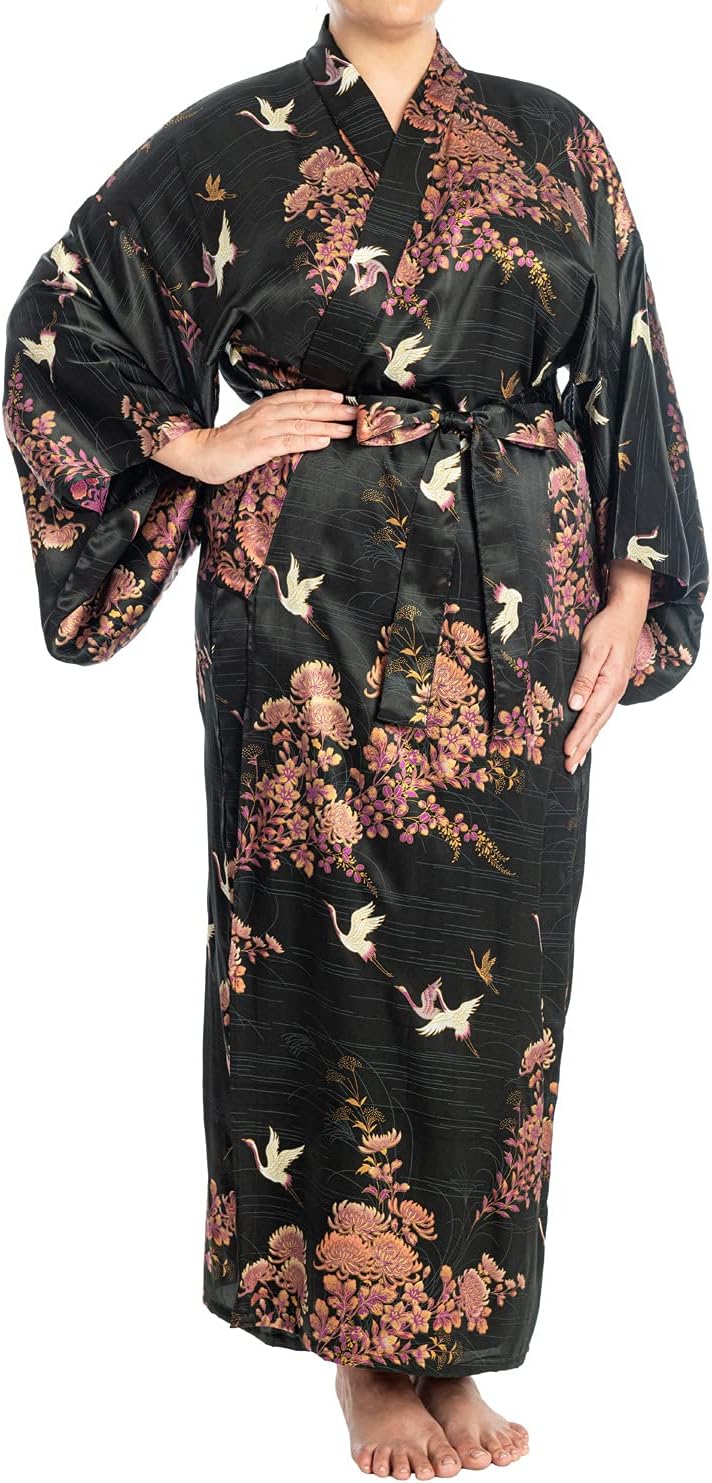 The Japanese ShopSilk Crane and Chrysanthemum Long Black Authentic Yukata XL