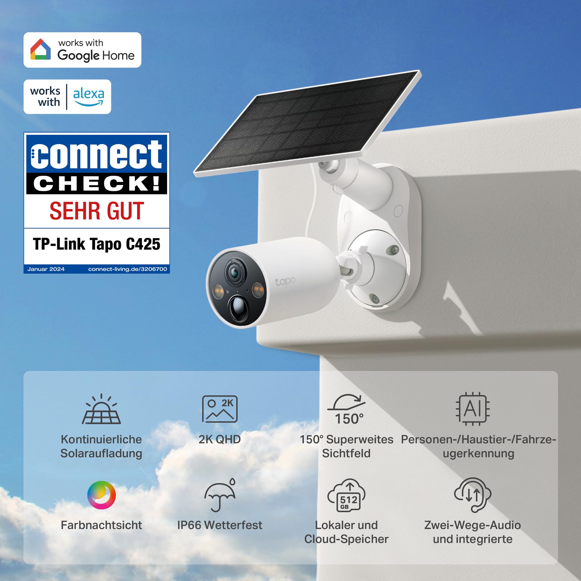 Tapo C425 KIT Solar Überwachungskamera Aussen Akku, 2K Auflösung, Farbnachtsicht, MicroSD-Speicher, 10000-mAh-Akku, 150° Super-Weitwinkel Sichtfeld, Zwei-Wege-Audio, Alexa&Google Assistant kompatible