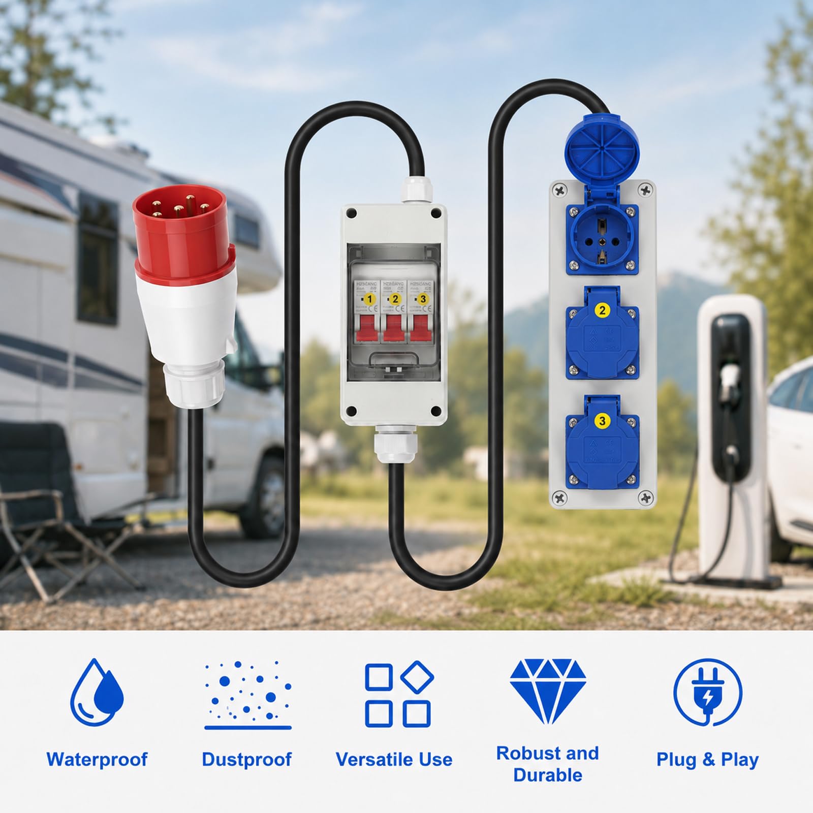 Adapter CEE 32 A na 16 A - 5P 380 V wtyczka CEE na 3 X 220 V Schuko - IP65/IP54 wodoszczelne gniazdko elektryczne z 3 x 16 A wyłącznik nadprądowy – rozdzielacz prądu budowlanego