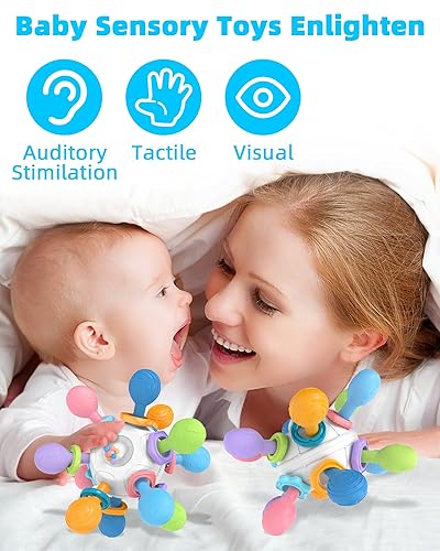 Miniatura 4 de Juguetes de dentición Montessori para bebés de 0 a 6 a 12 meses, sonajero de grado alimenticio para bebés, juguetes sensoriales para la dentición,