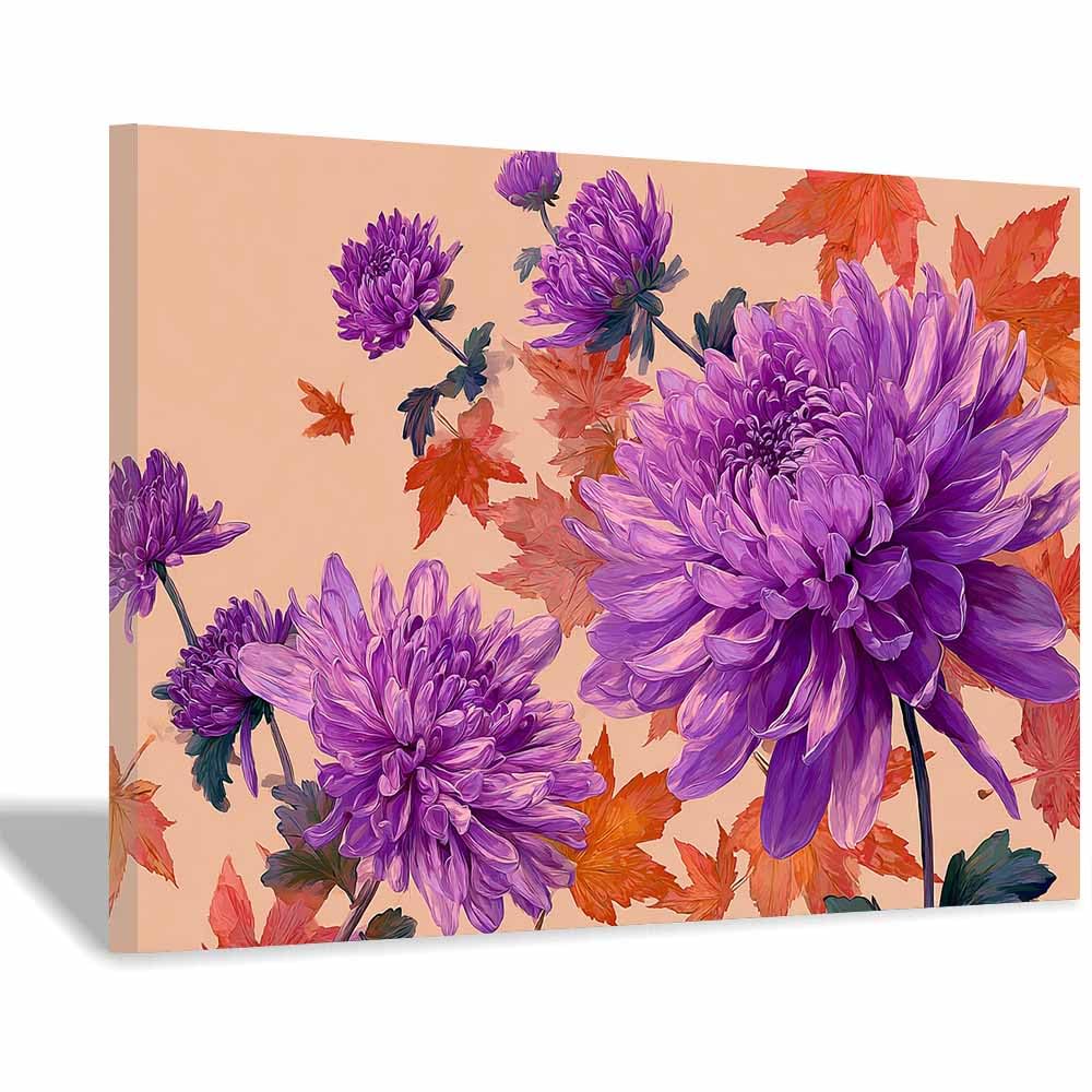 Xeniou Multicolor Flowers Wall Art Purple Chrysanthemum Maple Canvas Wall Art, For Living Room Bedroom Restaurant Home Office Wall Decoration(Multicolor)-70X100cm Framed