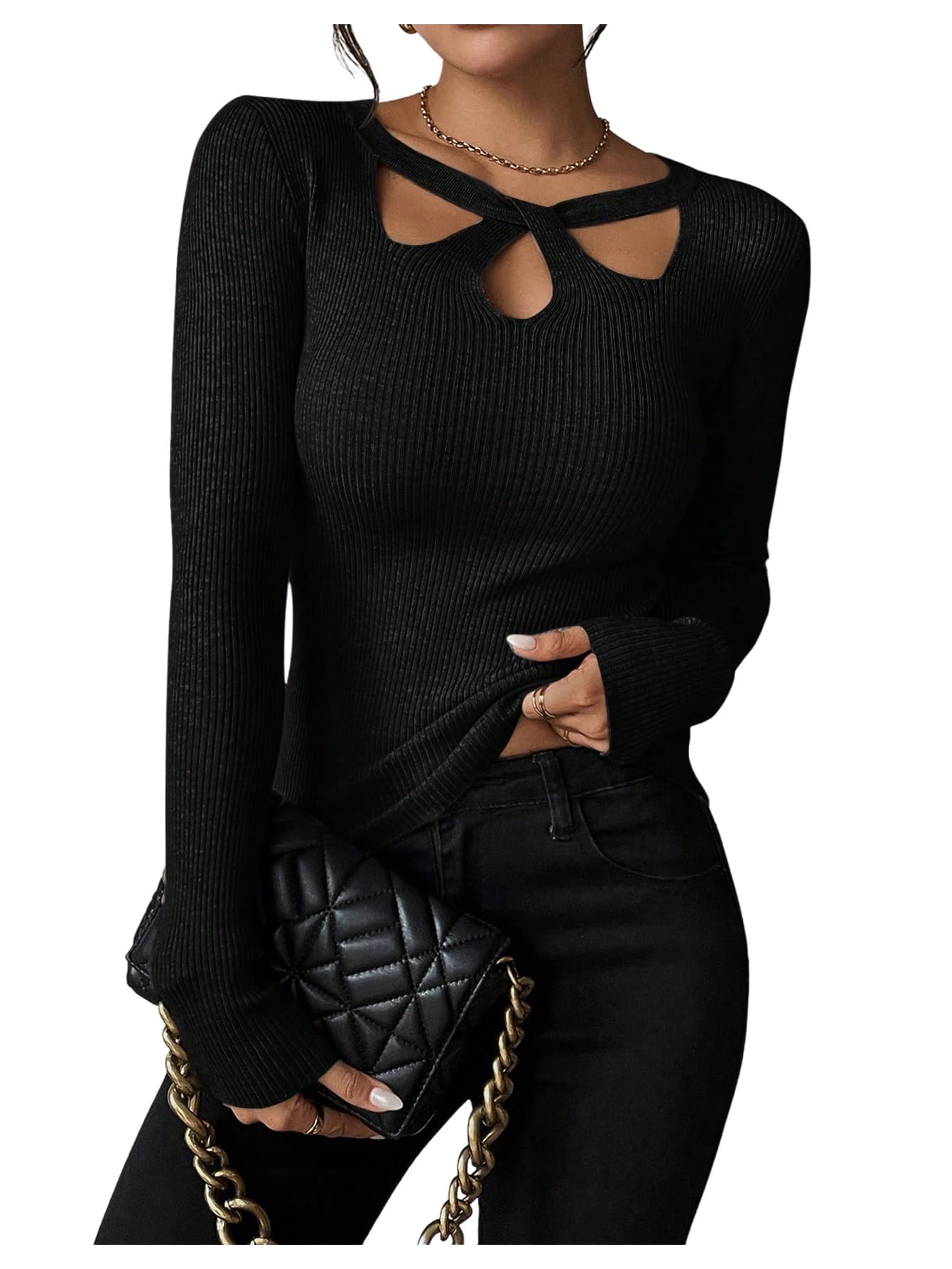 MakeMeChic Womens Ribbed Knit Top Cutout Twist Neck Long Sleeve Pullover Sweater