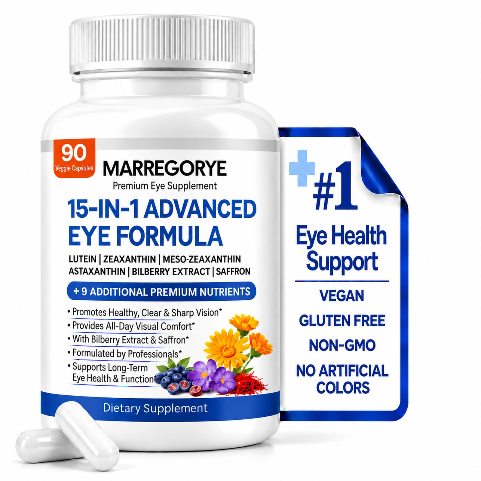 Marregorye Suplemento para os Olhos com Luteína, Zeaxantina, Mesozeaxantina, Astaxantina, Mirtilo e Açafrão, 90 cápsulas