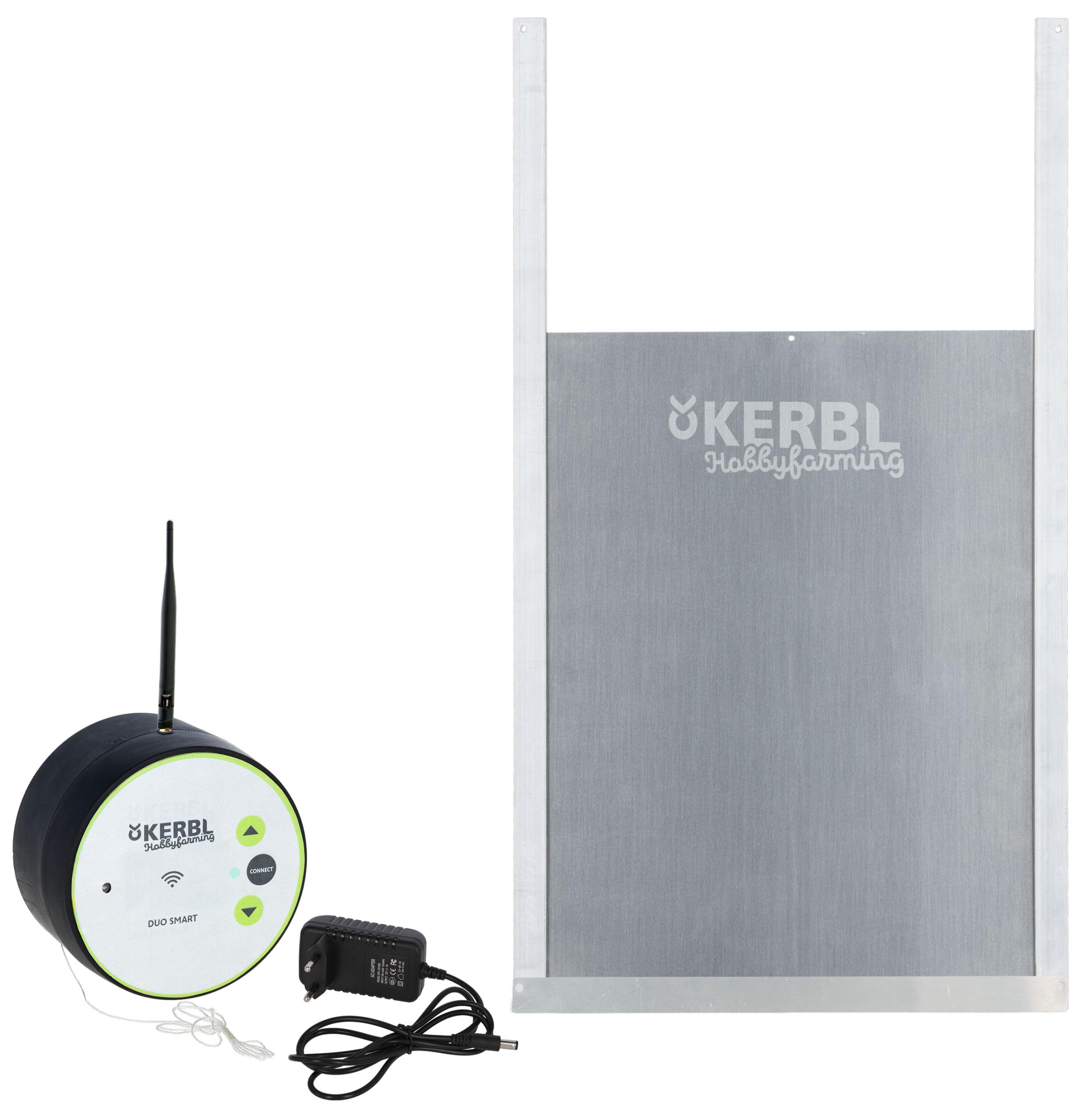 Kerbl Hobbyfarming Steuerung Duo Smart inkl. Schiebetür 70570, 300mmx400mm, Größe M, Hühnerklappe, grau/grün, Bedienung über App