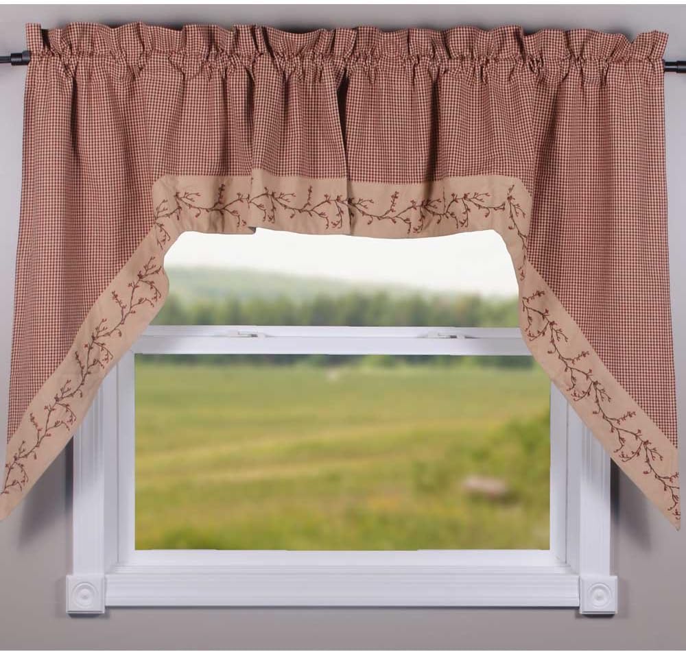 Berry Vine Gingham Black and Nutmeg 72" Wide x 36" Long Cotton Lined Curtain Swag