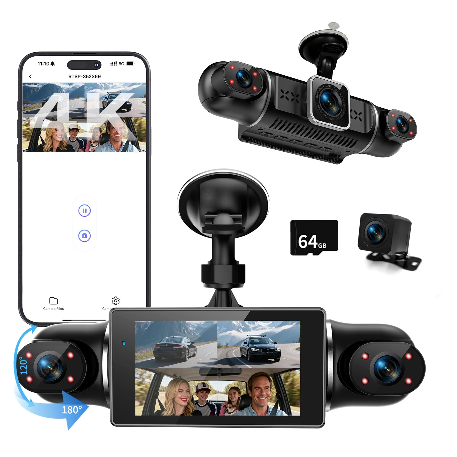 360°Dashcam Auto Vorne Hinten 4 Kanal Dash Cam Auto Kamera FHD 4K+1080Px3,kostenlose 64GB SD-Karte,WDR-Nachtsicht,G-Sensor,4×140° Weitwinkel,3" IPS Display,24/7 Parkmodus,Loop-Aufnahme,App