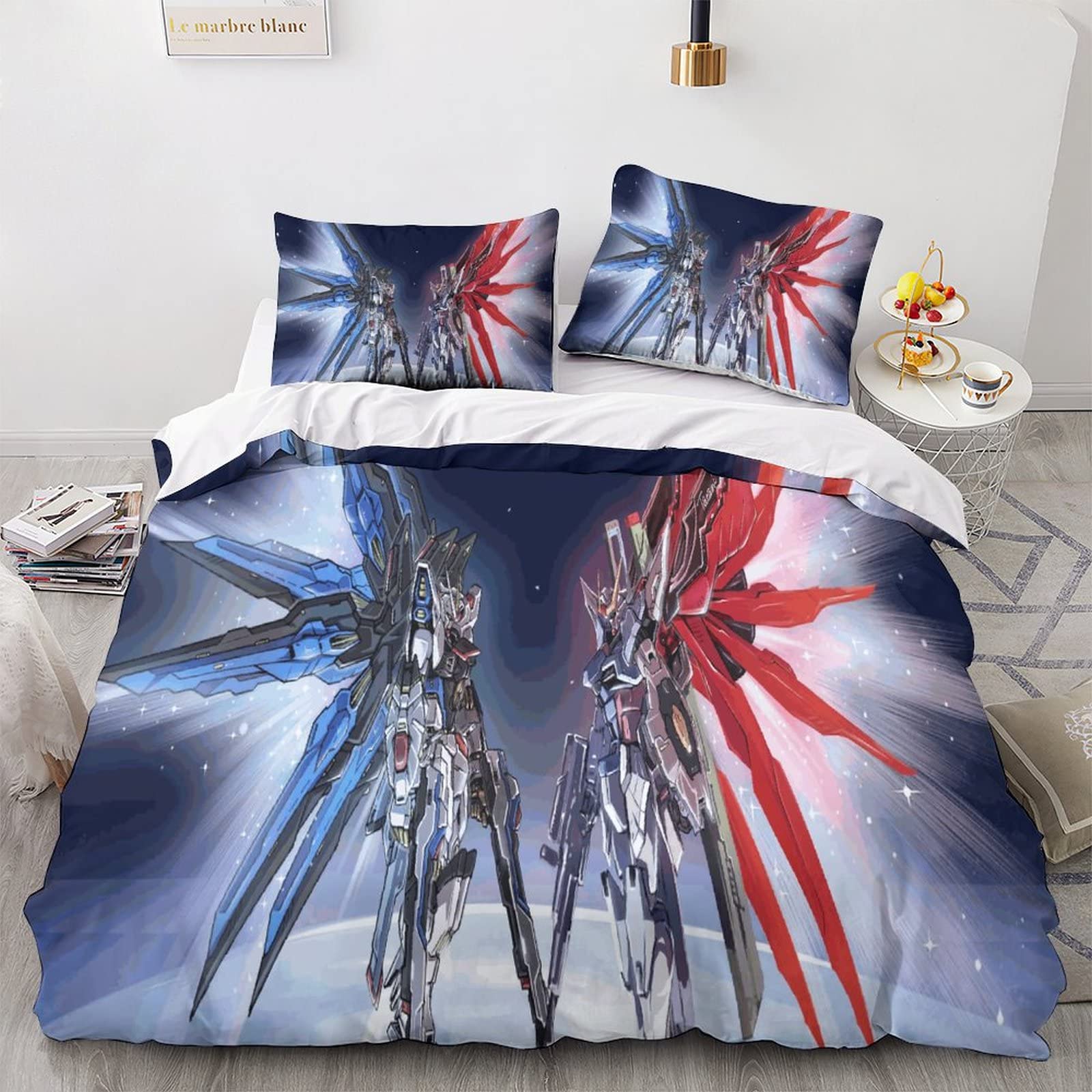 Bedding Duvet Cover Set 3D Mobile Suit Gundam 3 Pieces Fight War Quilt Cover Soft Microfiber Bedroom Duvet Set Bedding Set with Pillowcase, for Teens And Adults King（220x240cm）