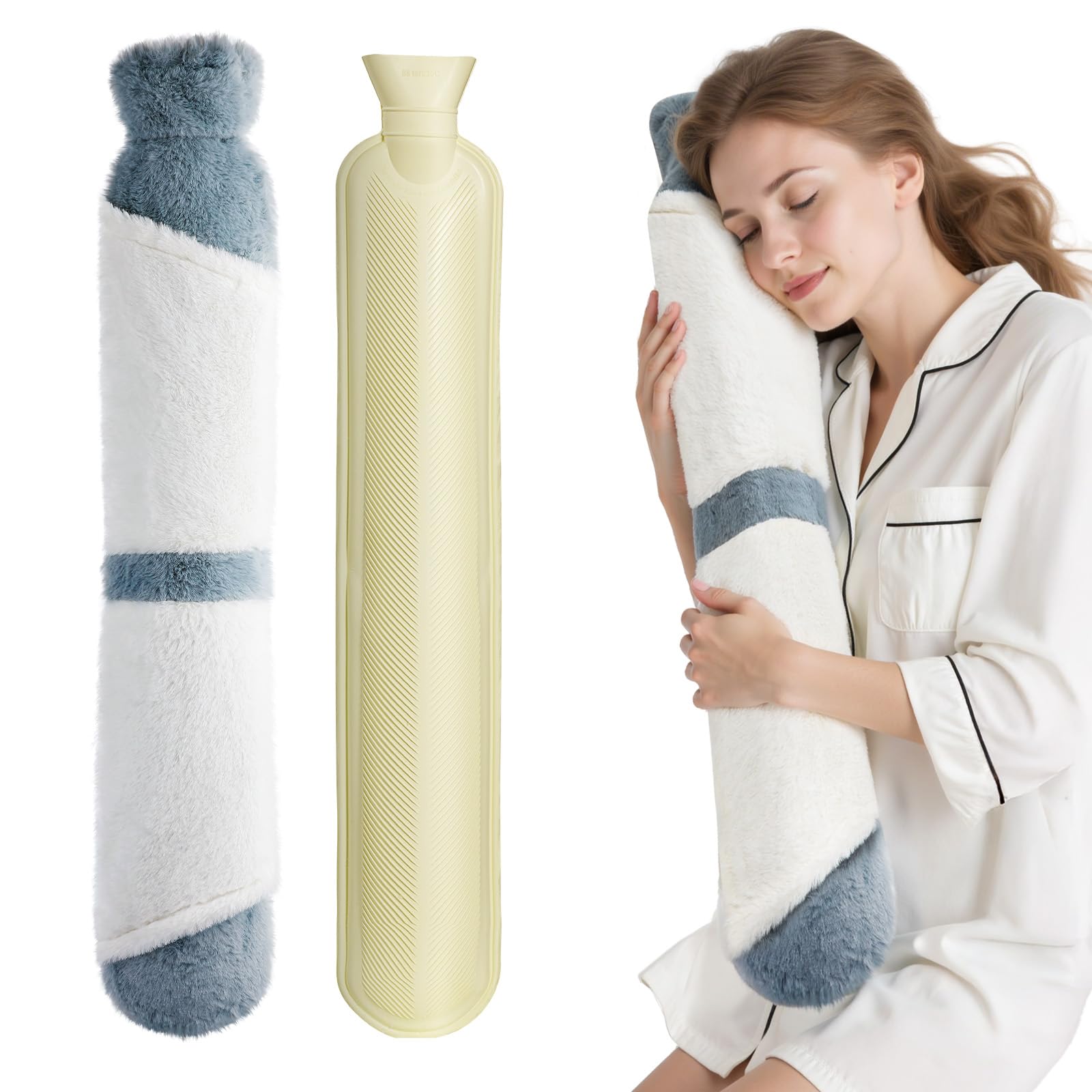 Homealexa Lange Wärmflasche mit weichem Bezug 2 Liter, Long Hot Water Bottle mit Handwärmer Schlauch-Wärmflasche Bauchwärmertasche Bettflasche für Frauen Männer
