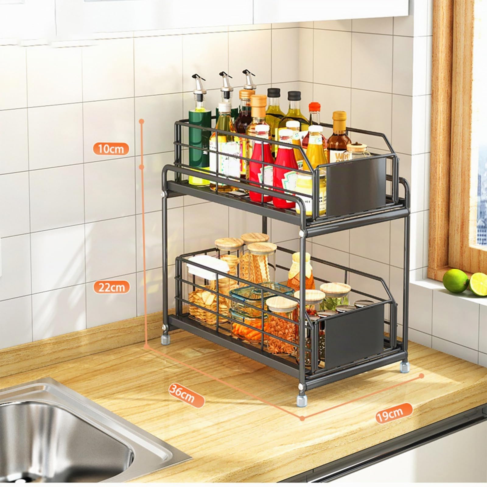 SOONHUA Rangement sous Évier, 2 Niveaux Coulissant Organisateur Sous Evier, Rangement Produits Menagers pour Cuisine, Salle de Bain, Garde-Manger, Armoire de Rangement
