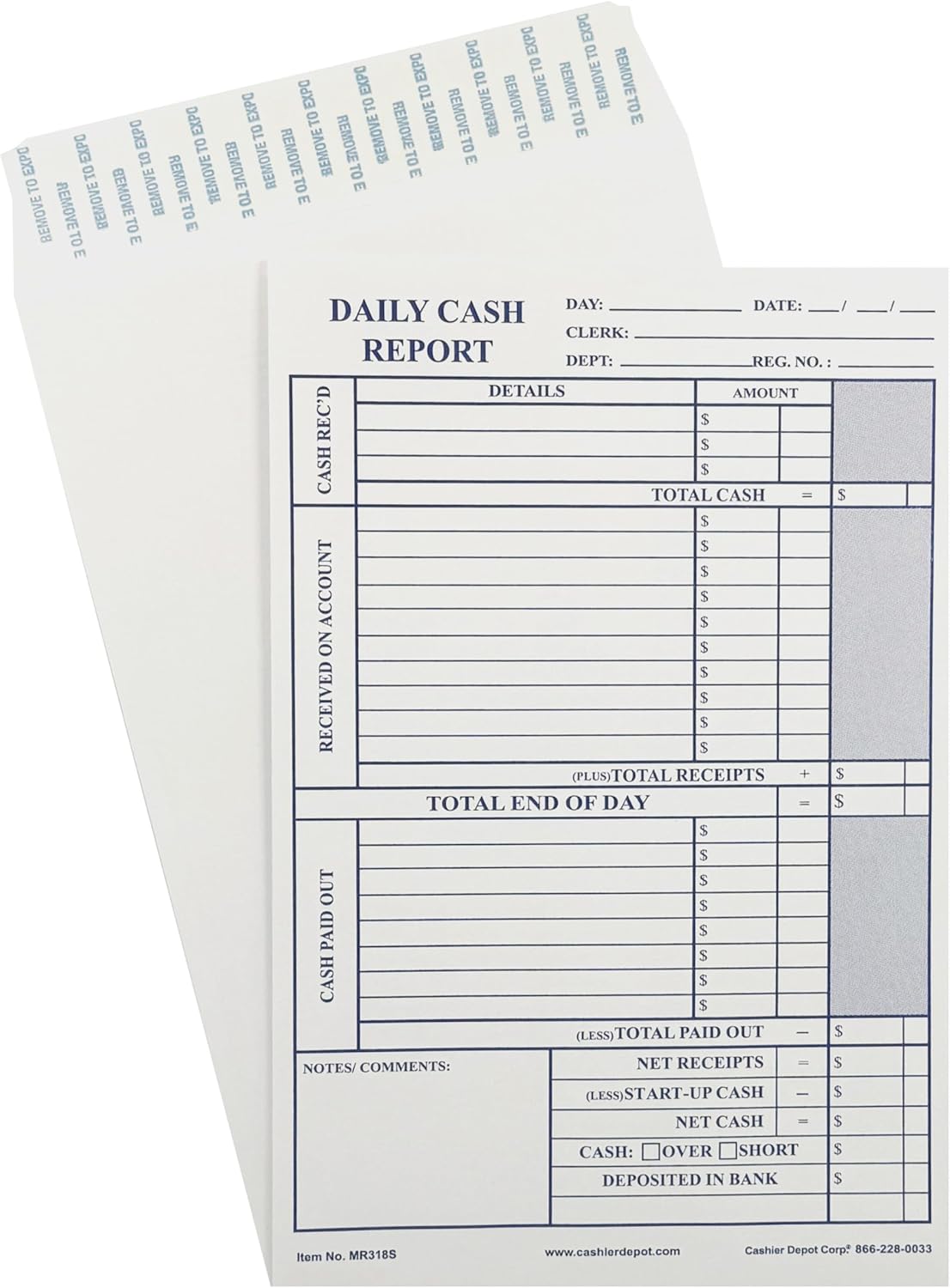 500 Cashier Depot MR318S Daily Cash Report Envelopes, 6" x 9",Open End, Peel & Seal, Premium 28lb White (500)