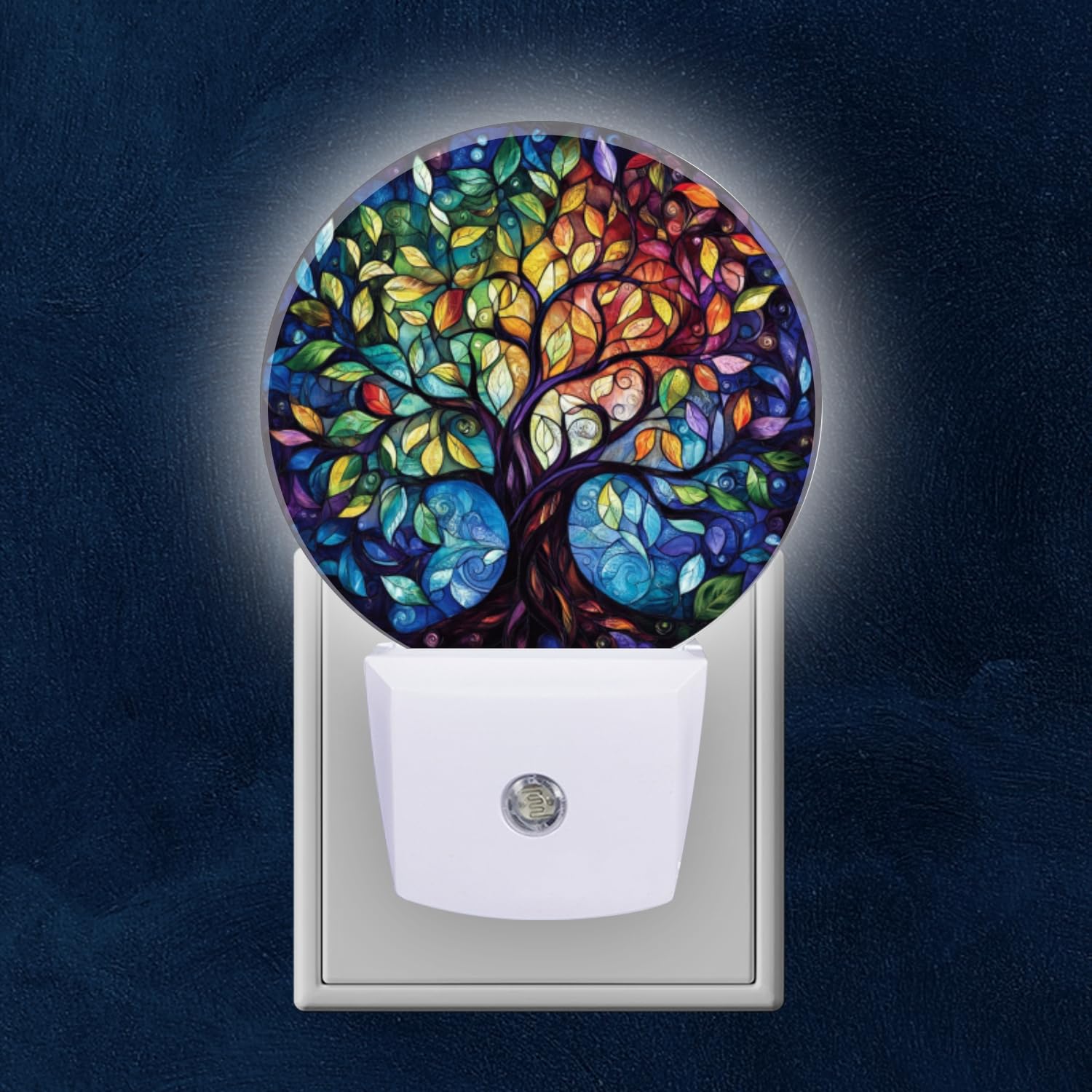 Mearafois Round LED Night Lights Lamp with Dusk to Dawn Sensor Circular Stained Glass Design of The Tree