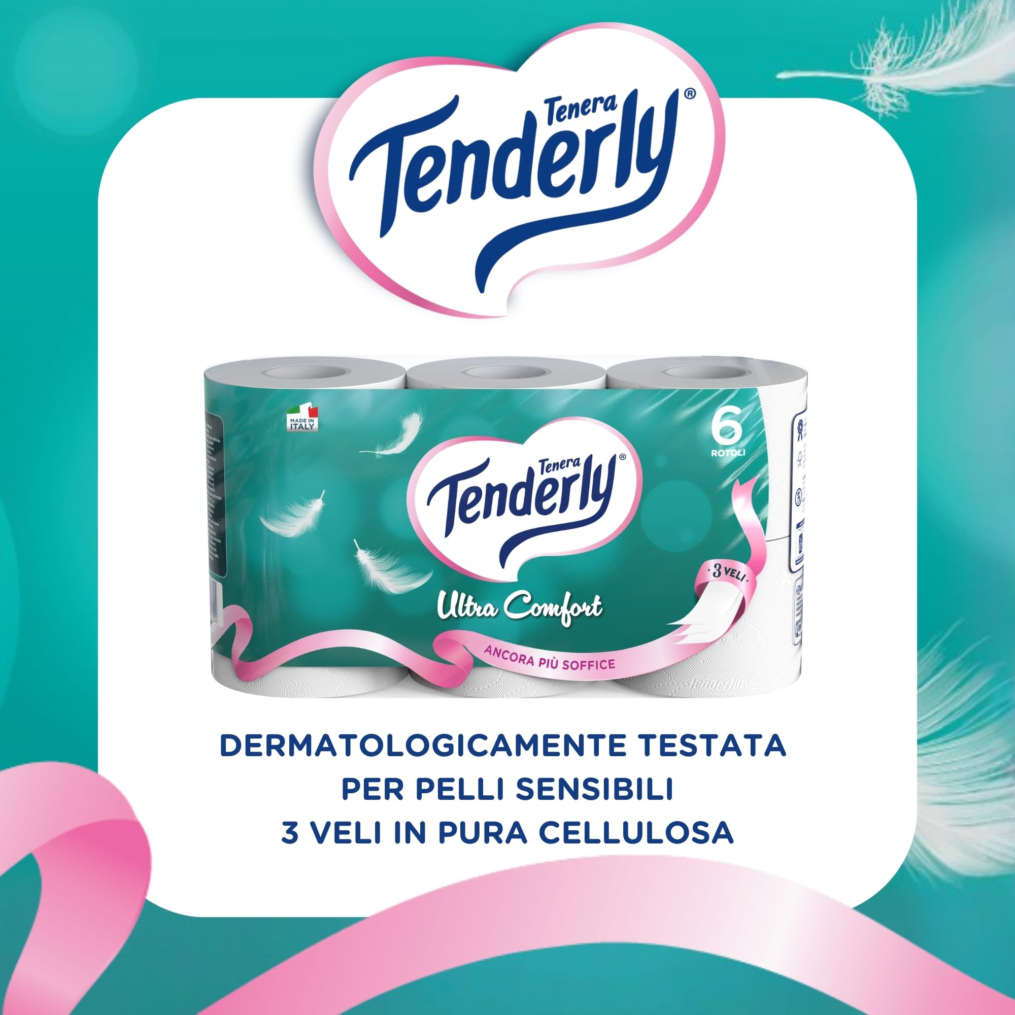 Tenderly Ultra Comfort, 56 rollos de papel higiénico puro, 3 capas, 200 tiras por rollo, delicado con la piel, dermatológicamente probado