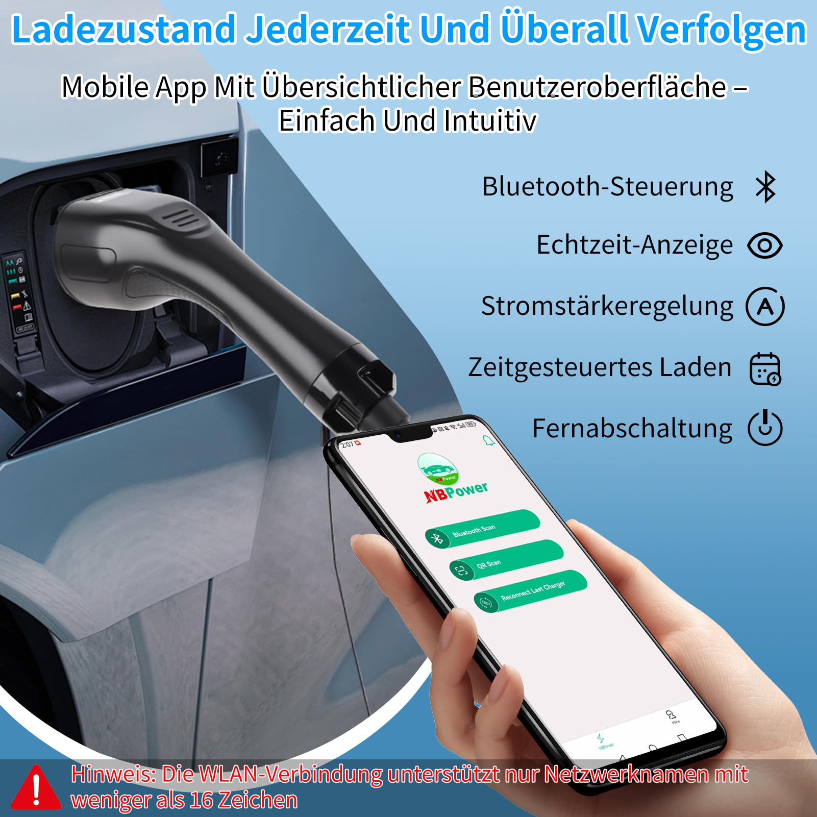Type 2 EV Ladegerät 7KW, 6A/8A/10A/13A/16A/24A/32A Einstellbar,5m Ladekabel Dreiphasig, Tragbare Mobile Wallbox mit App-Steuerung für Fernzugriff&Ladezeitvorwahl, mit CEE Stecker, IP54 Schutz