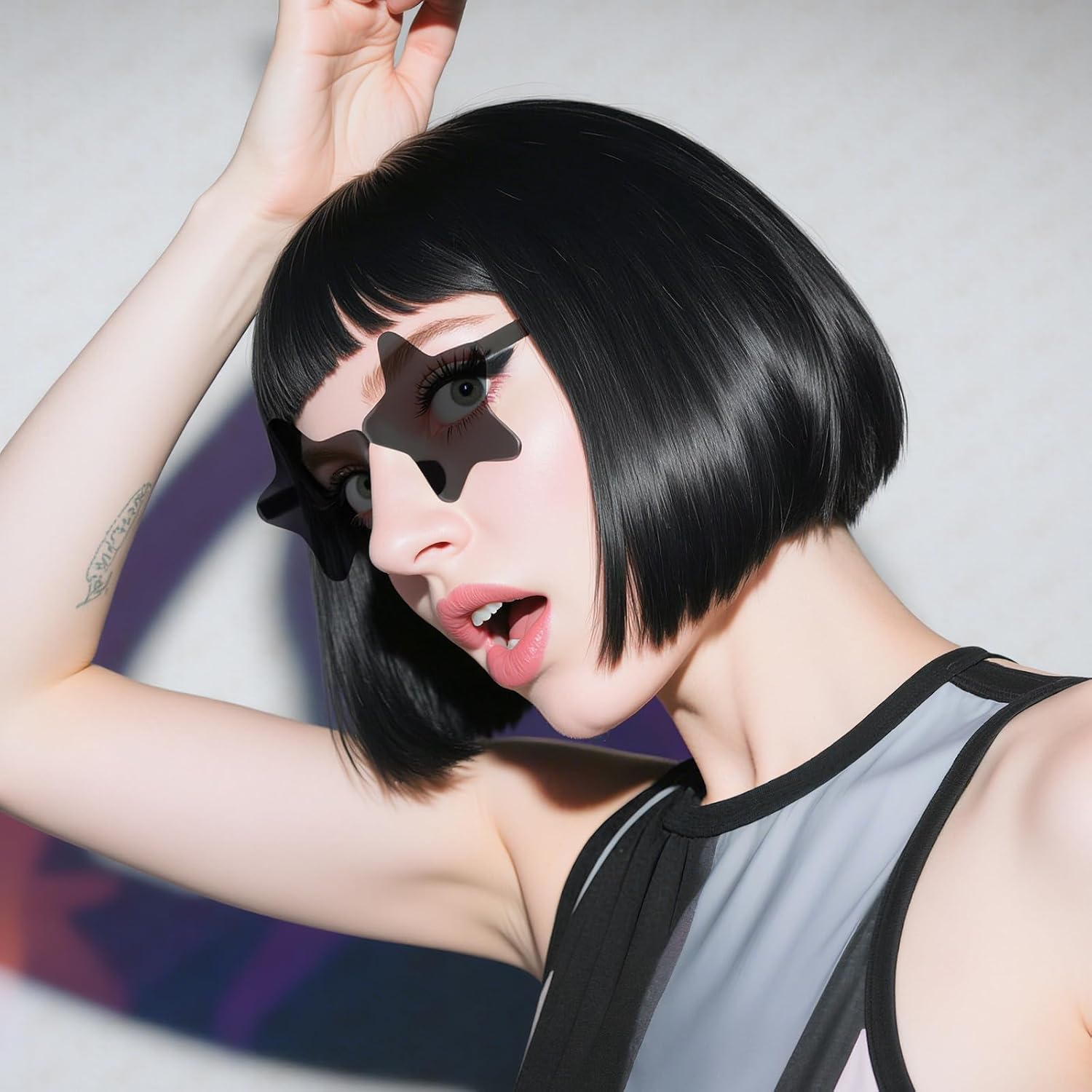 ANOGOL Hair Cap + (Sunglasses) Black Bob Wig with Bangs Womens Black Party Wigs with Star Shape Sunglasses Short Neon Wig for Daily Party Outfit Fun wigs for Women Halloween Costume Night Club Hair - Image 2