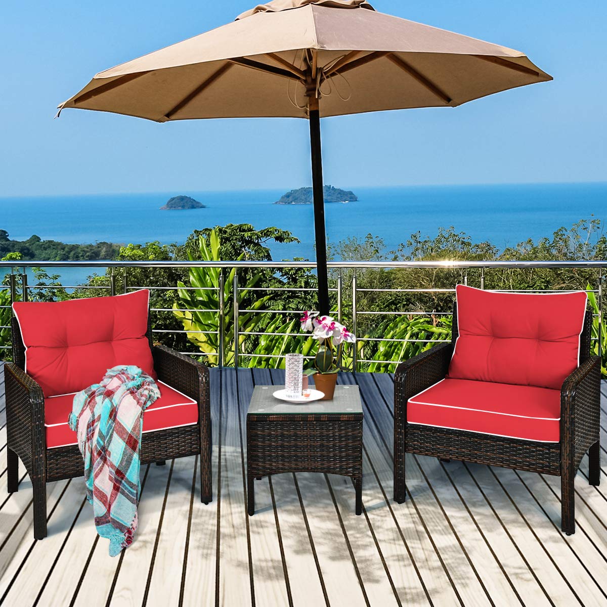 Juego de 3 muebles de patio al aire libre, juego de sillas de mimbre con mesa auxiliar de cristal, cojines gruesos, para todo tipo de clima, jardín, césped, piscina, patio, porche, juego para 2