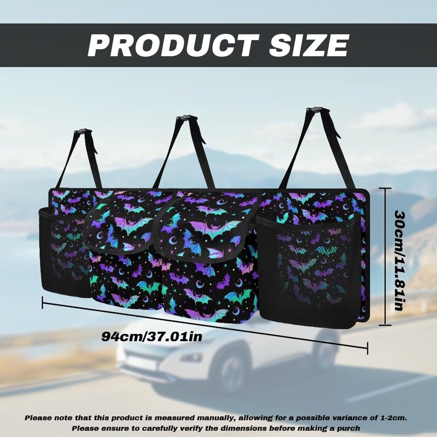 Hanging Car Trunk Organizer Halloween Bats Moon Car Back Seat Storage Bag Auto Cargo Bag Collapsible Auto Interior Accessories for Sedans SUV Jeep Trucks MPV Van